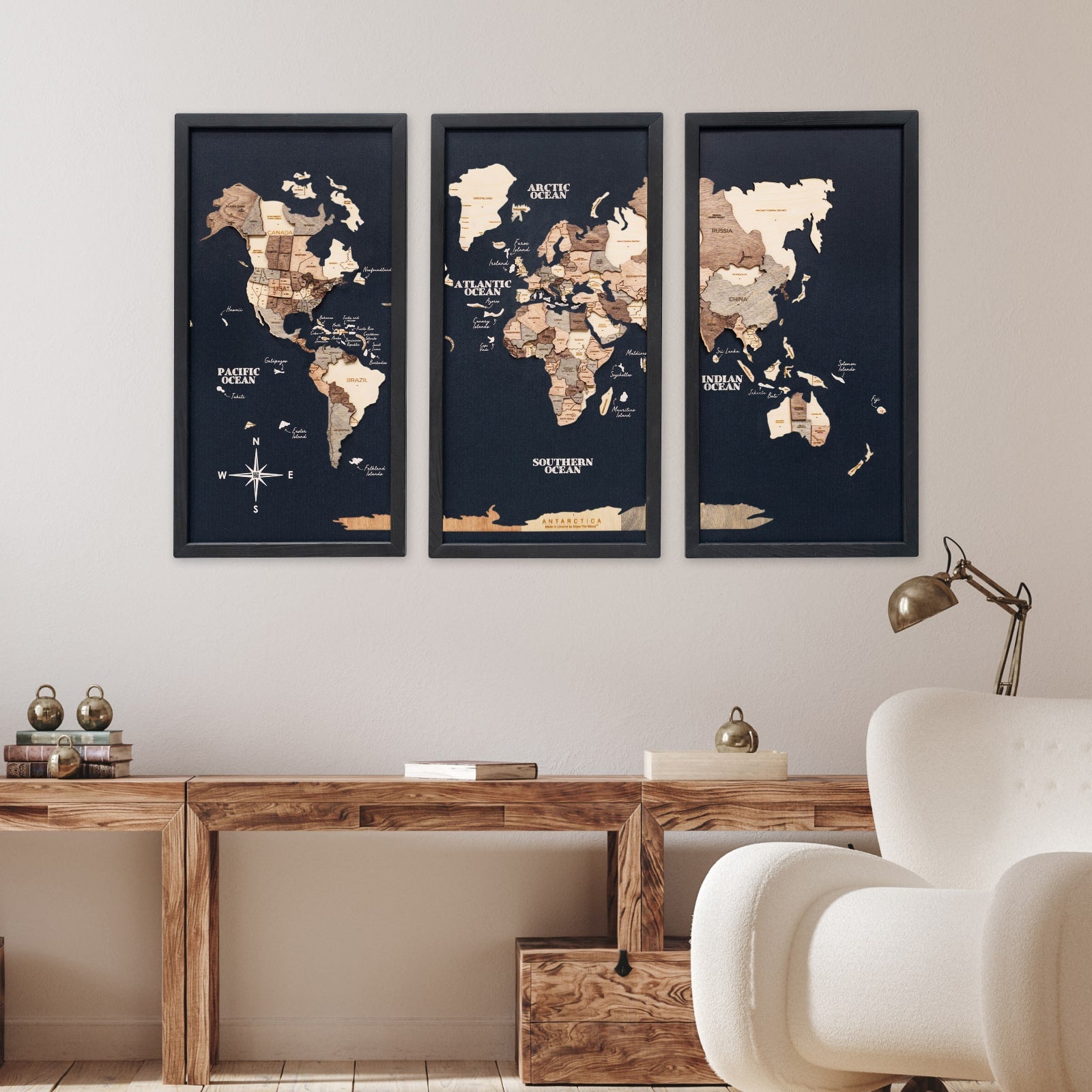 Triptych Wall Art - Wooden World Map (Smokey) | Enjoy The Wood