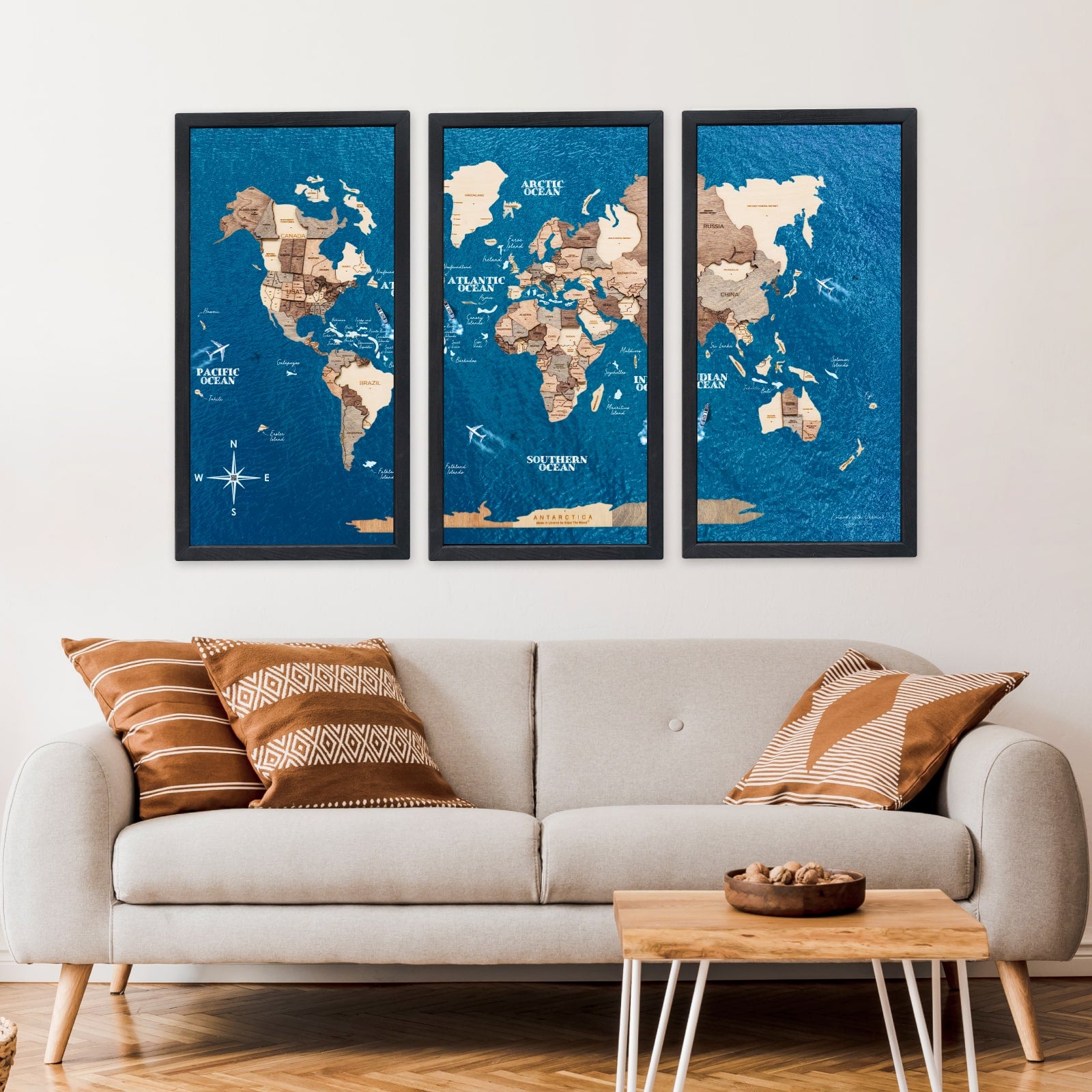 Triptych Wall Art - Wooden World Map (Smokey) | Enjoy The Wood