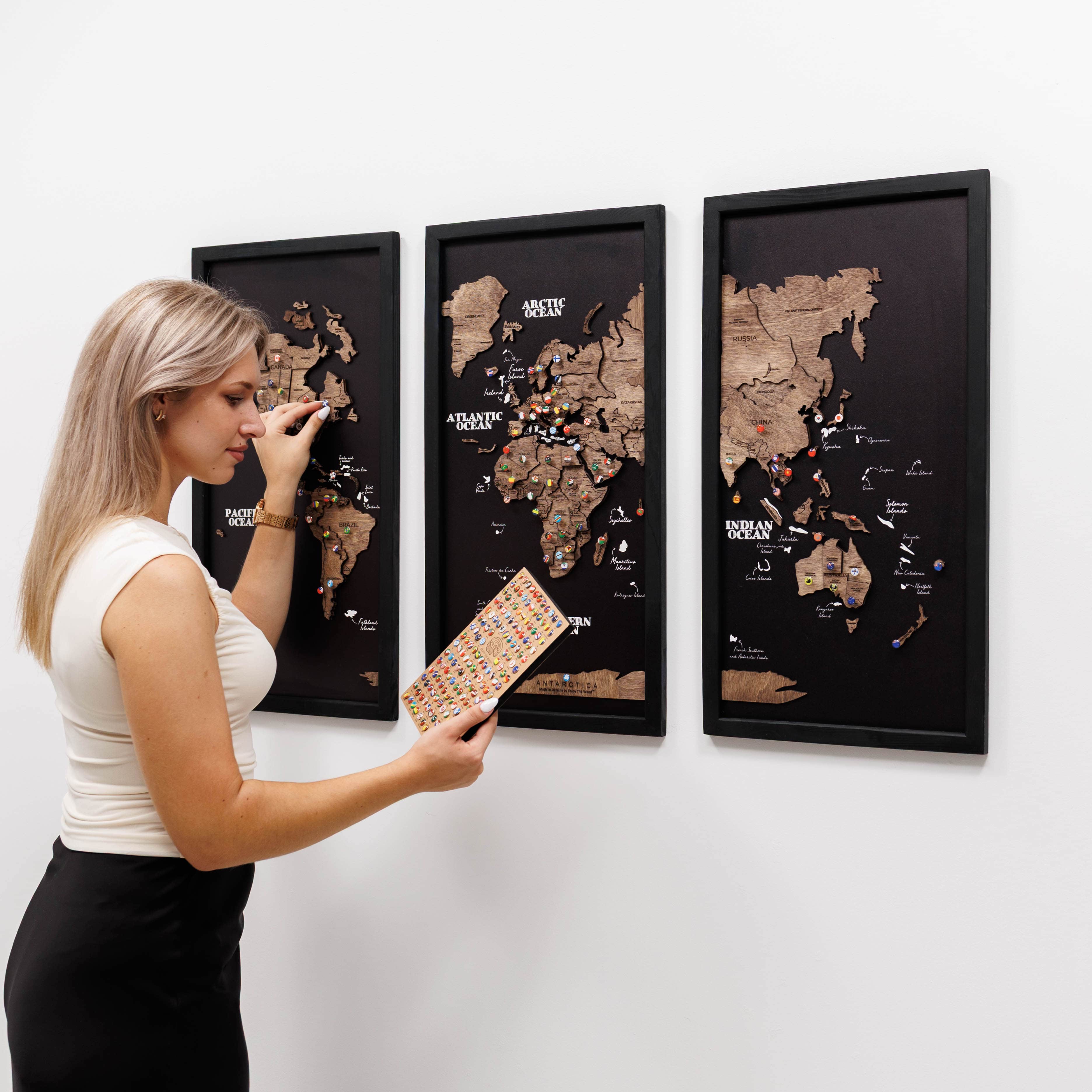 Triptych Wall Art - Wooden World Map (Dark Walnut) | Enjoy The Wood