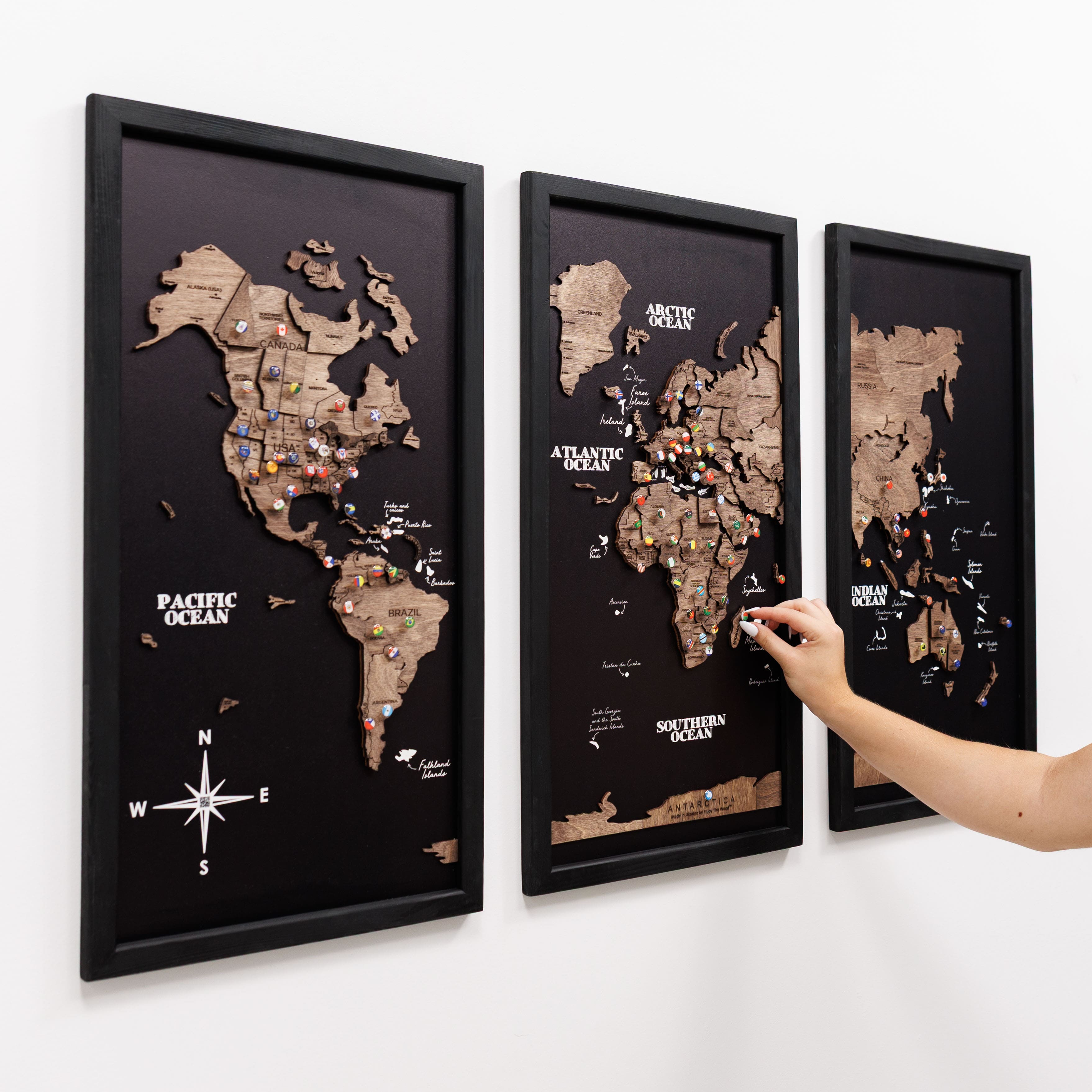 Triptych Wall Art - Wooden World Map (Dark Walnut) | Enjoy The Wood