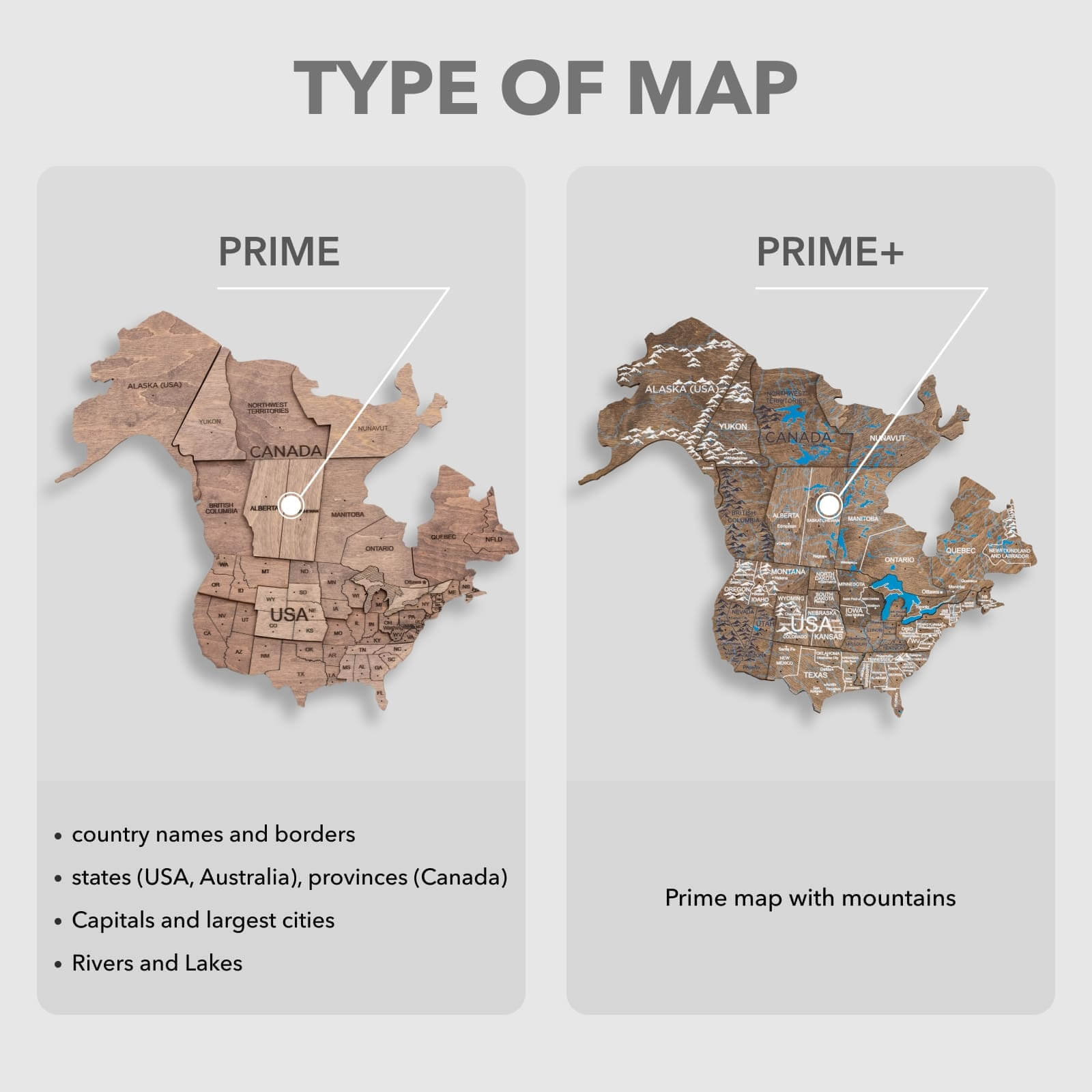 two options for wooden map 3d