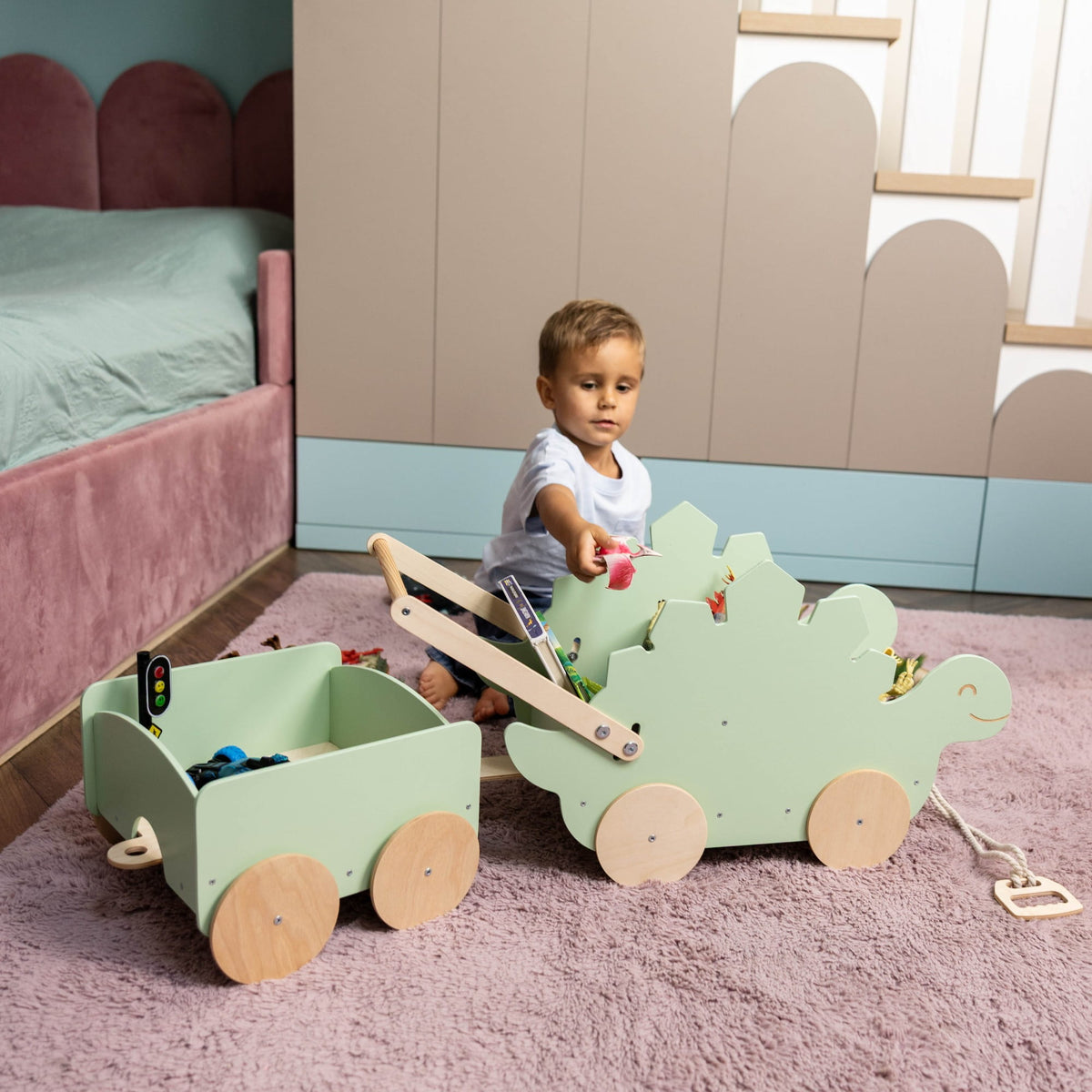 Wagon jouet en bois-Stégosaure