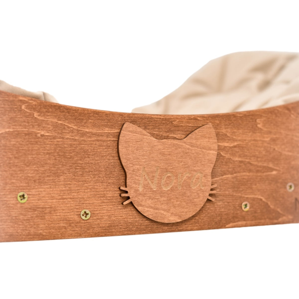personalized curved floating cat shelf in oak color
