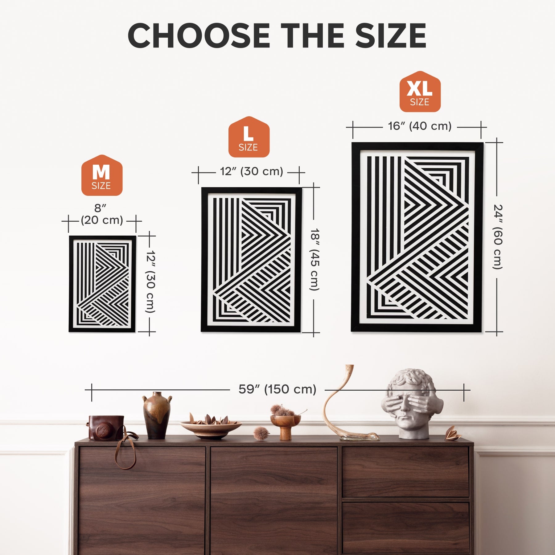 Wall art size chart with dimensions and examples on a white background