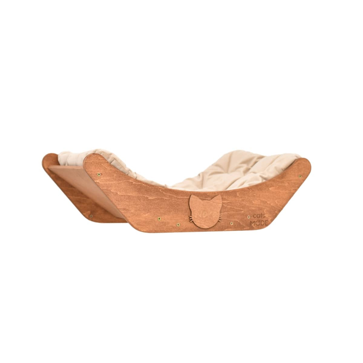 floating cat shelf bed in oak color with sleeping cat pillow
