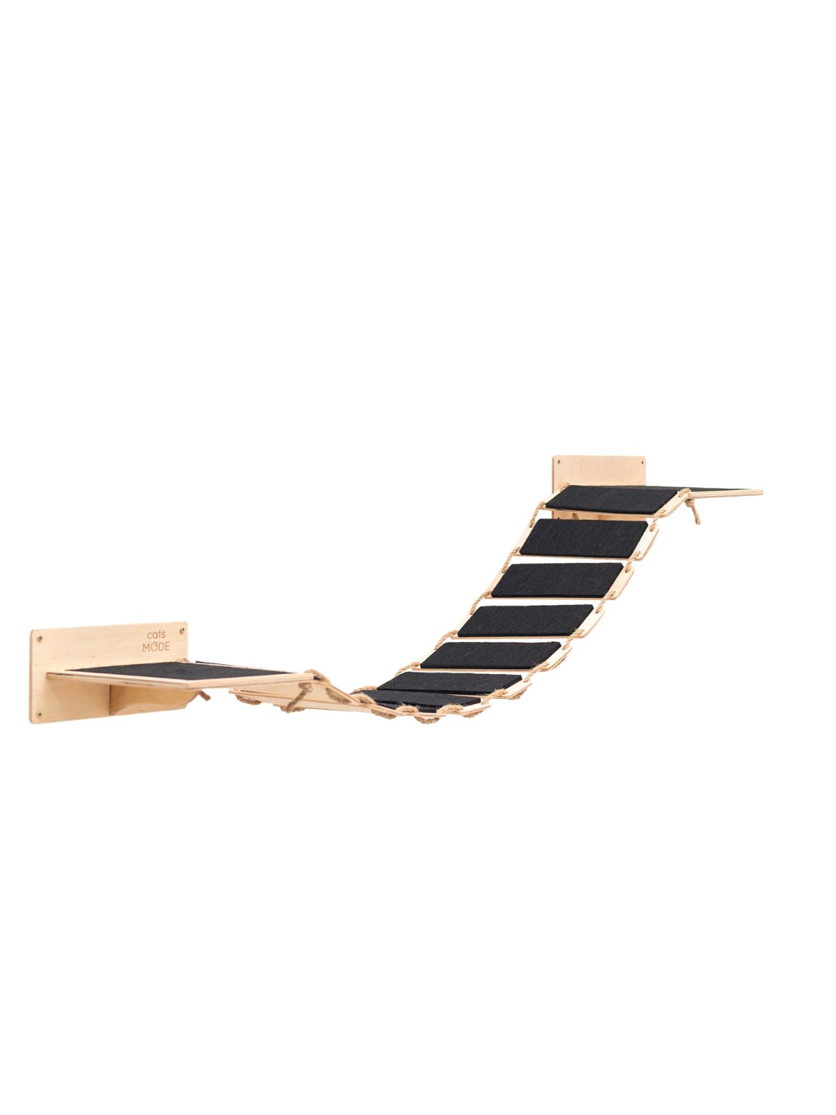 wood and rope cat bridge installed on wall in light wood color