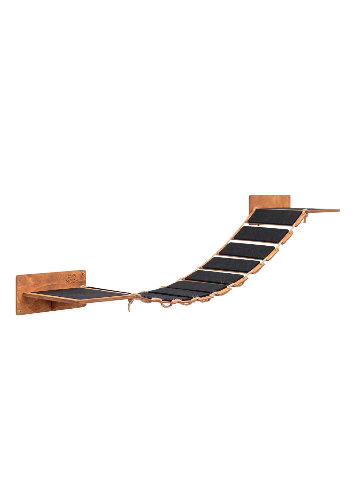 cat wood bridge installed on wall covered with black felt in oak wood color