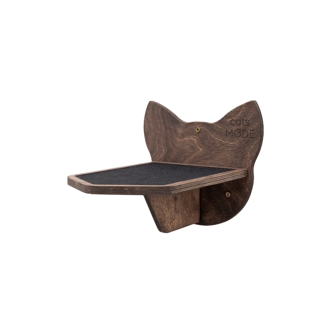 Wooden cat shelf with a black surface on a white background