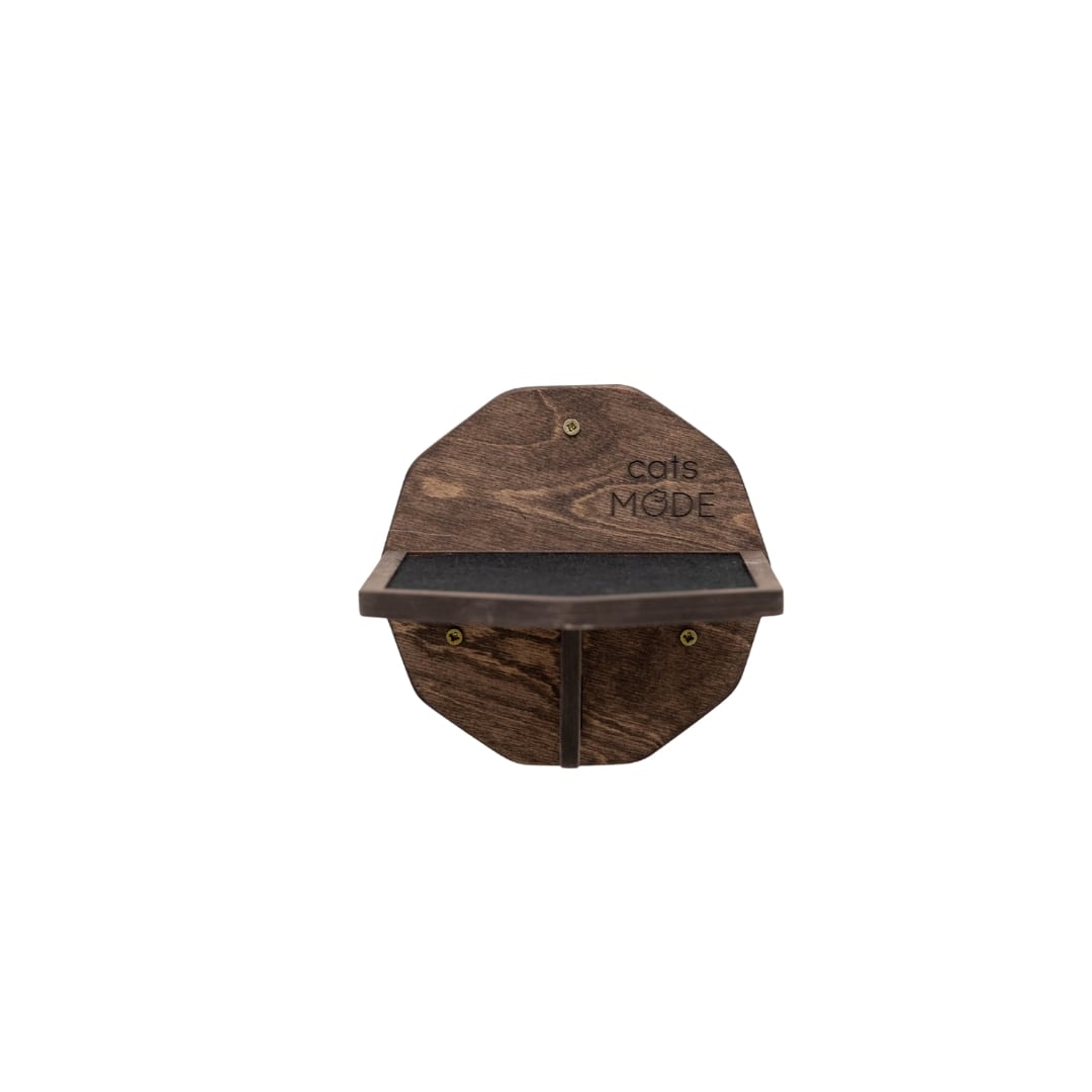 Wooden cat shelf with 'Cats Mode' branding on a white background