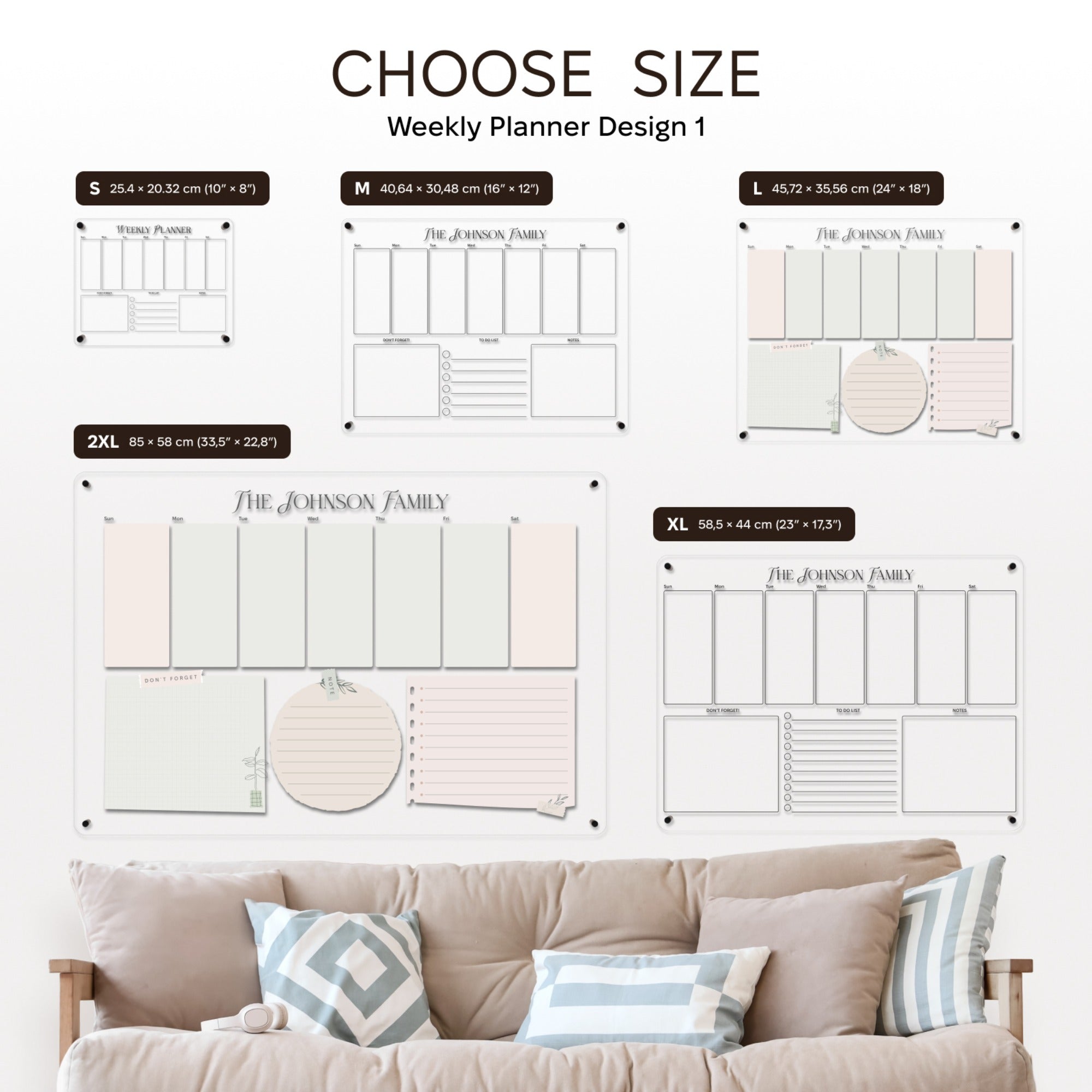 Weekly planner design options with size variations displayed above a sofa.