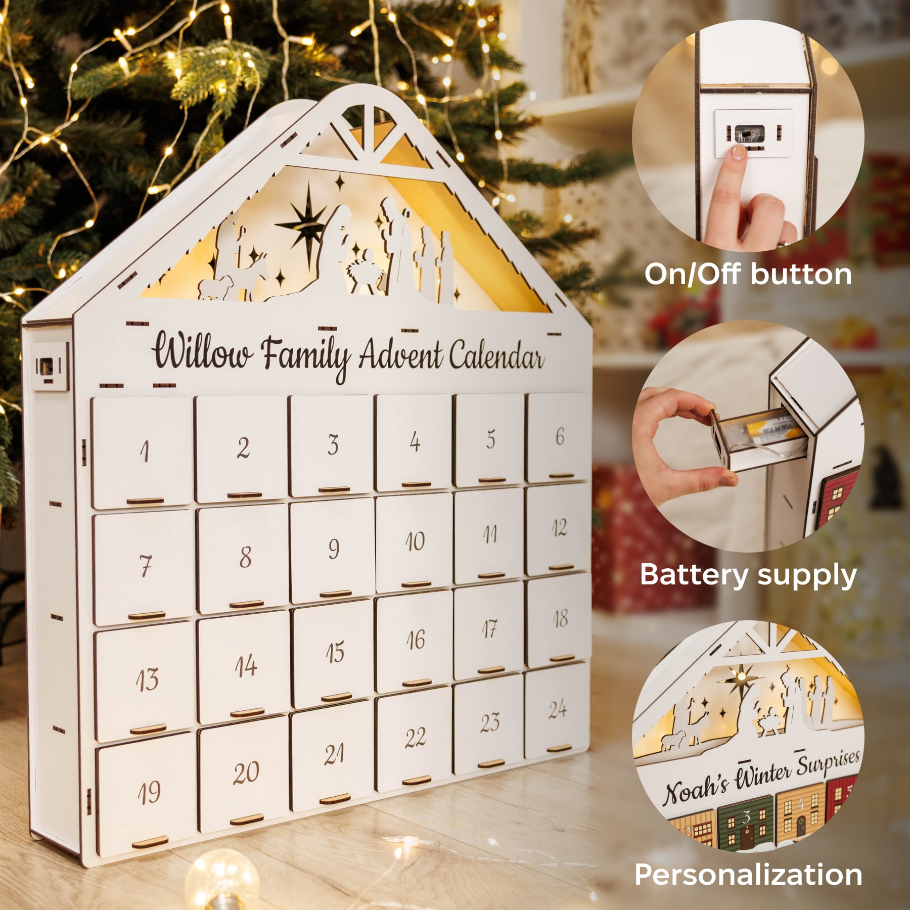Willow Family Advent Calendar with Christmas tree in the background
