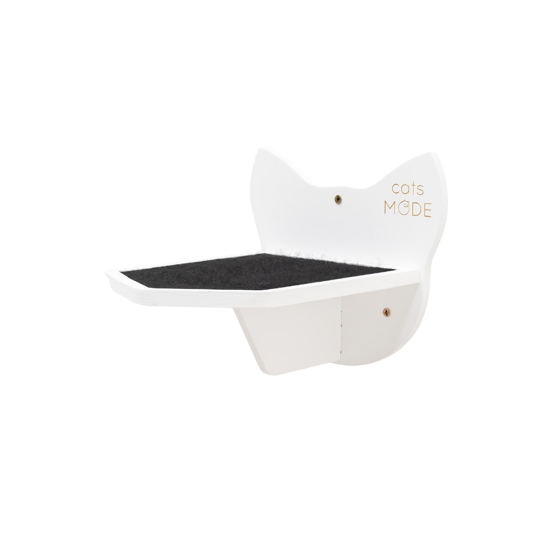 White cat shelf with black cushion and 'Cats Mode' text on a white background
