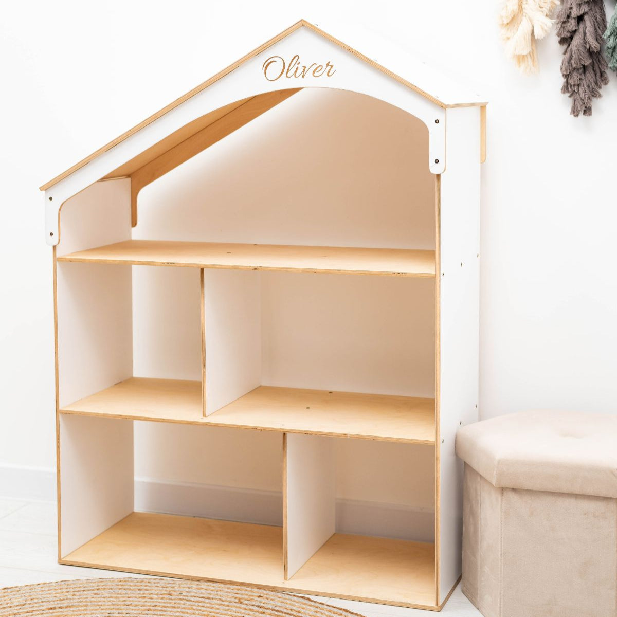white wooden dollhouse bookcase for toy and book storage