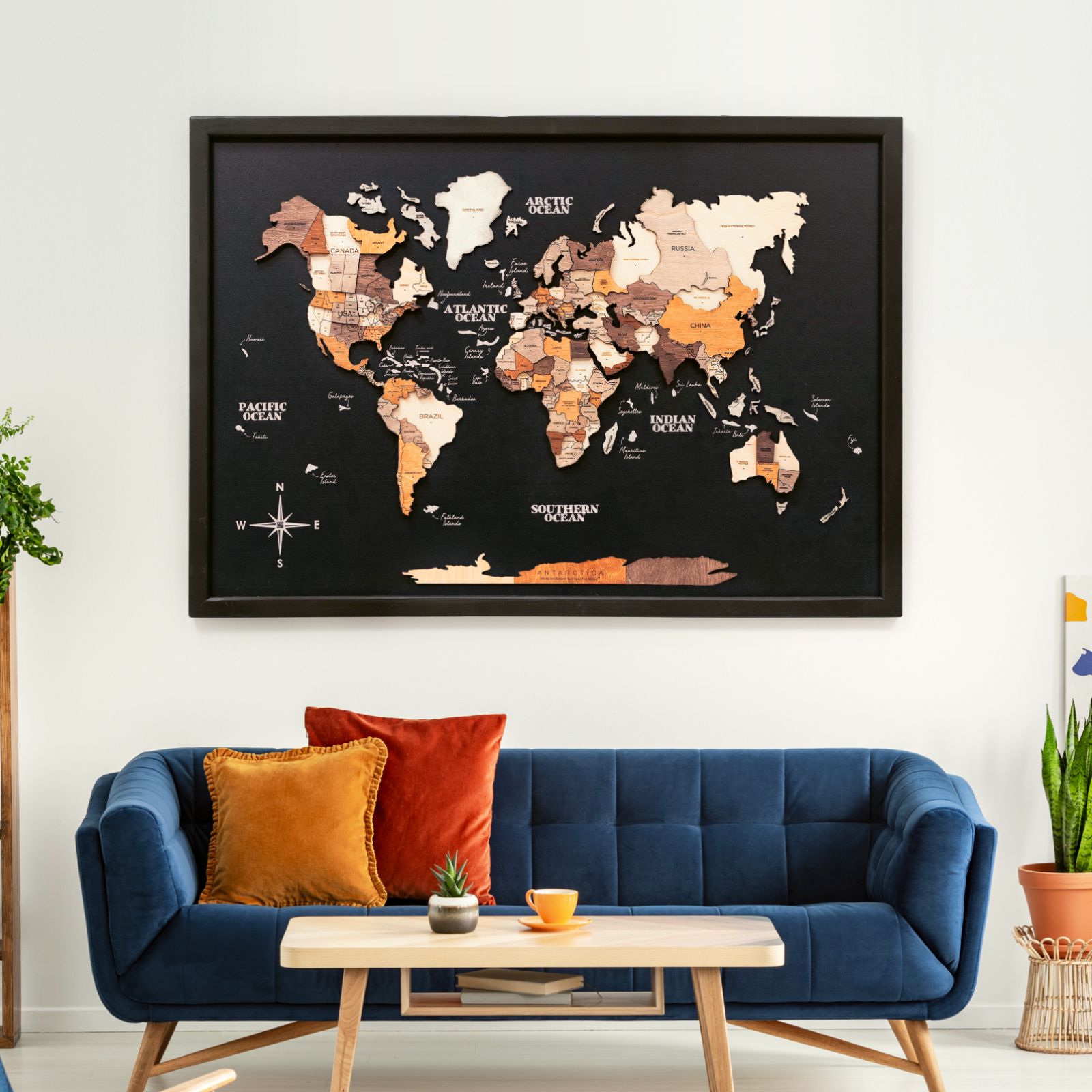 3D Wooden Panel World Map Multicolor