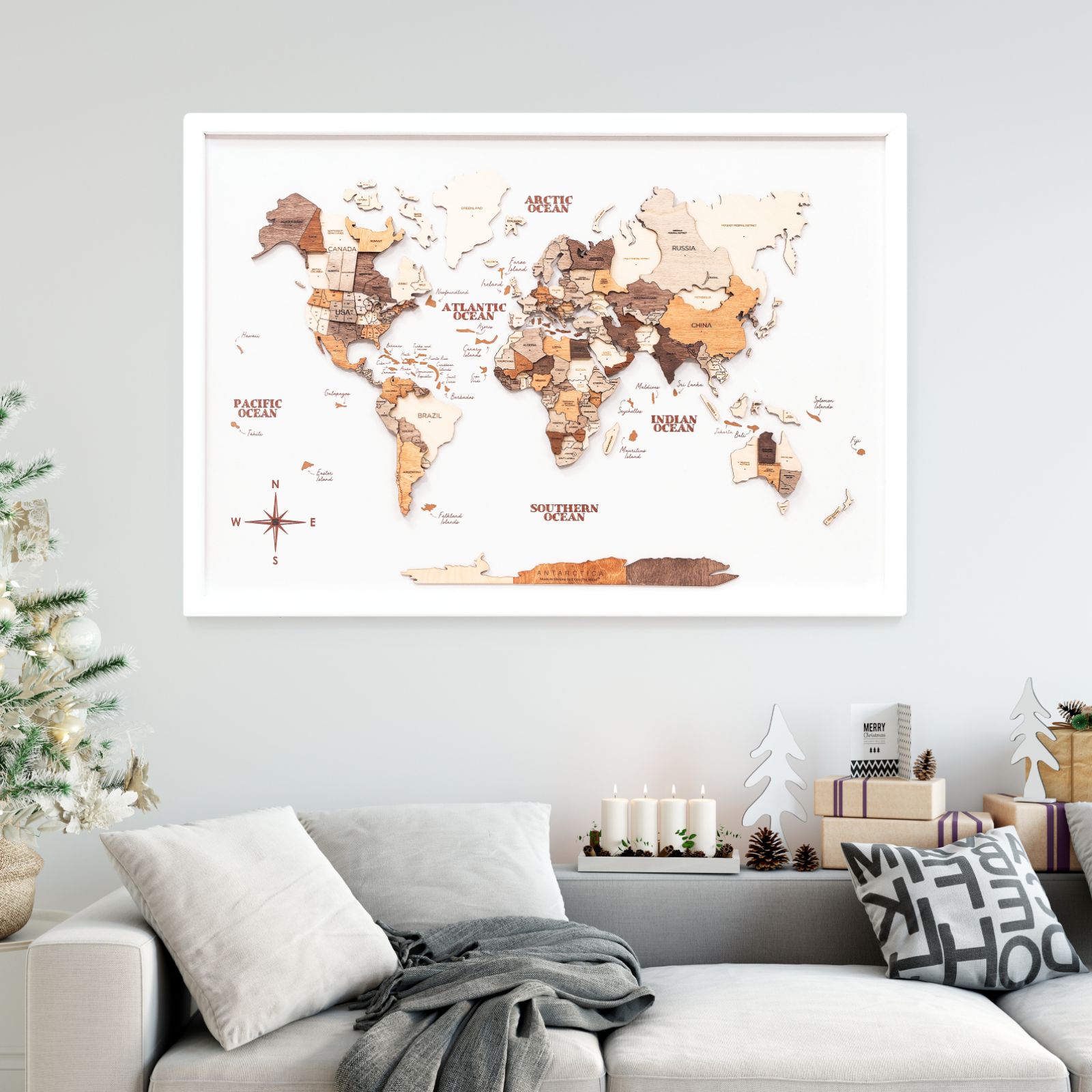 3D Wooden Panel World Map Multicolor