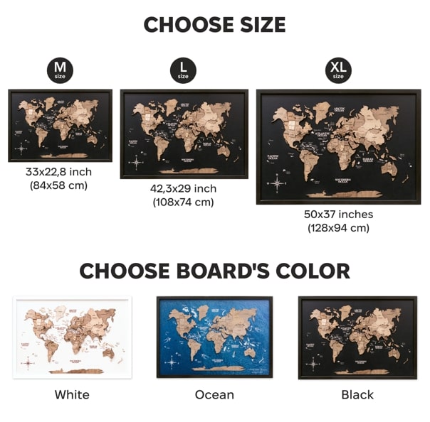 World map board with size and color options displayed.