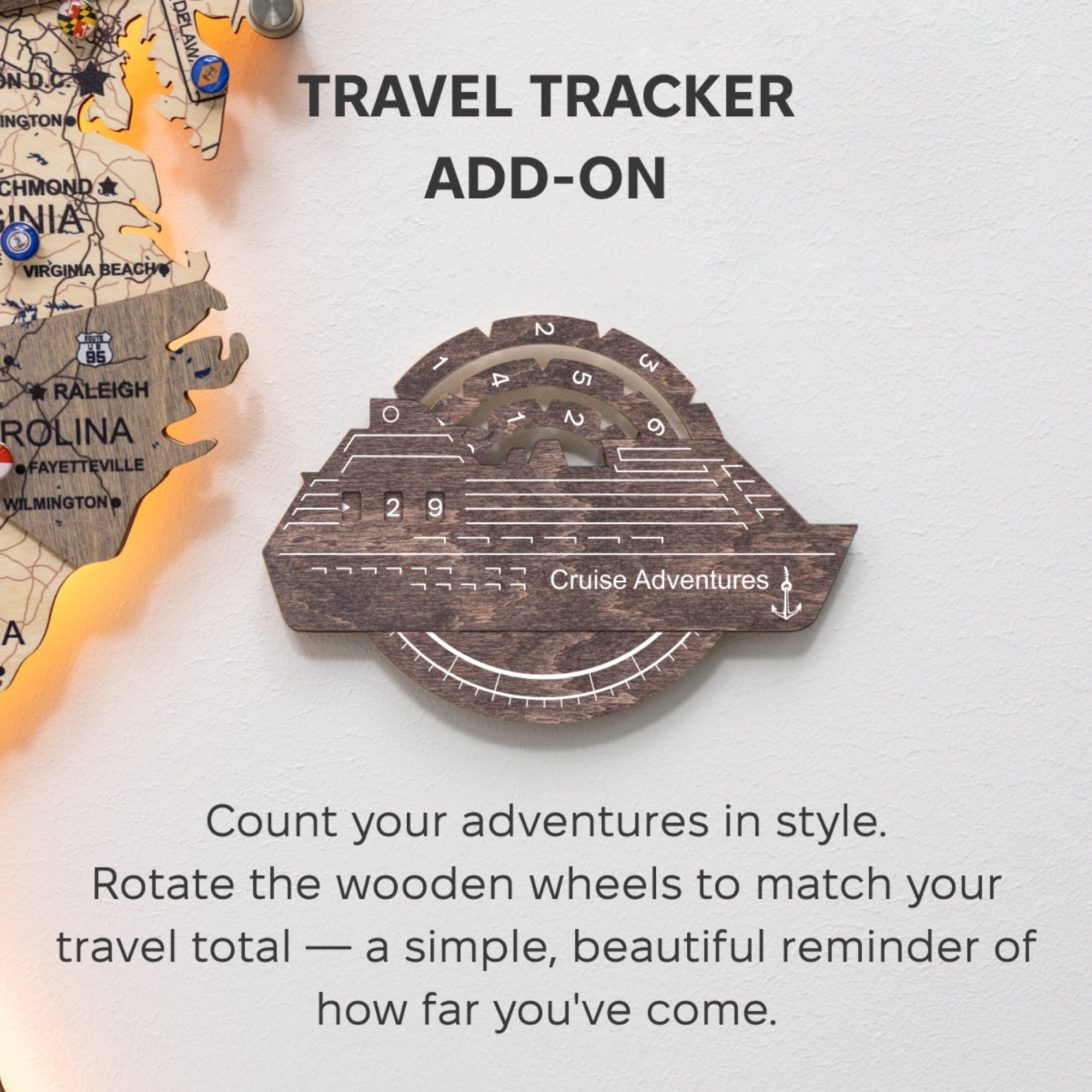 Travel Tracker Cruise Liner 3D Colored Wooden World Map - Dark Walnut