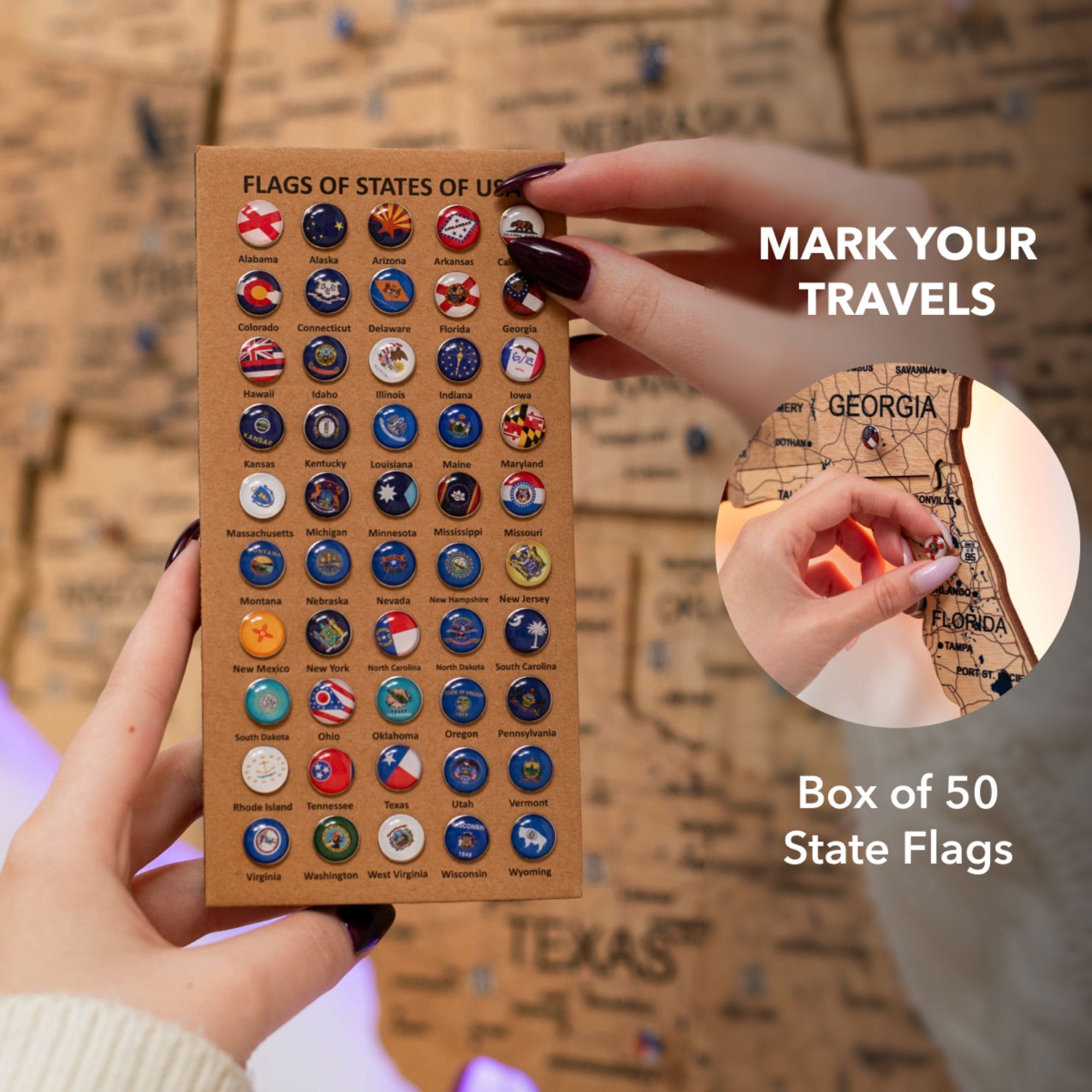 Wooden 3d LED Map of USA  - Gold pinboard