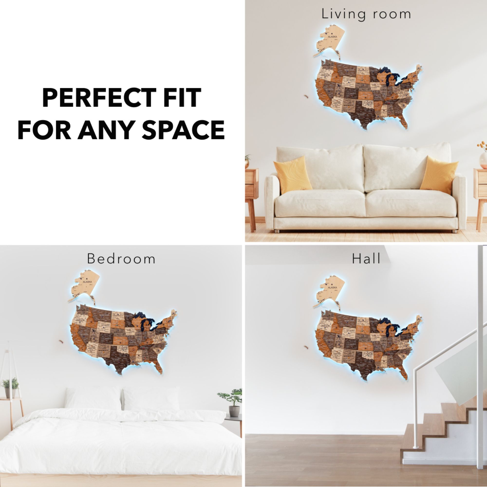 Wooden 3D LED Map of USA - Multicolor fit