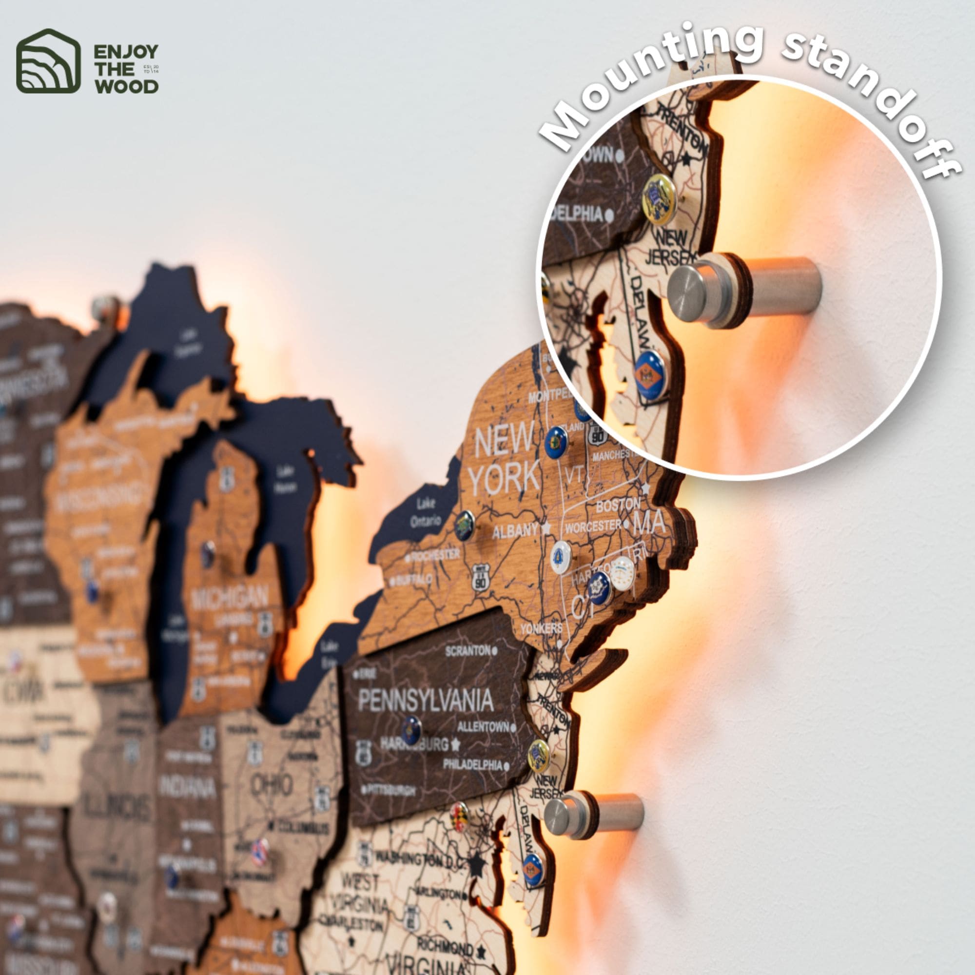 Wooden 3D LED Map of USA - Multicolor mount