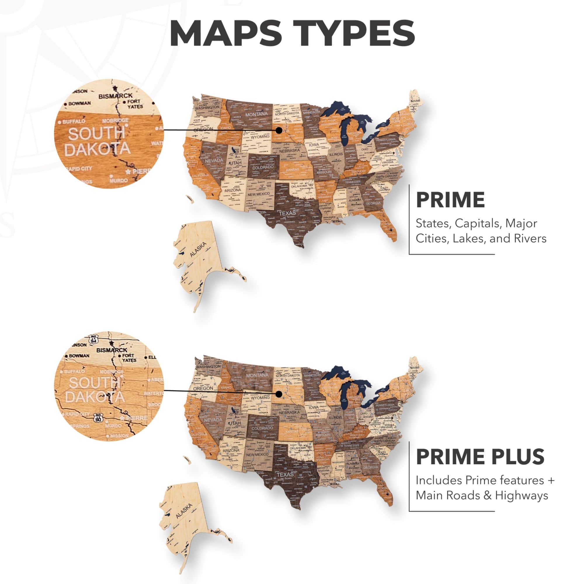 Wooden 3D LED Map of USA - Multicolor types