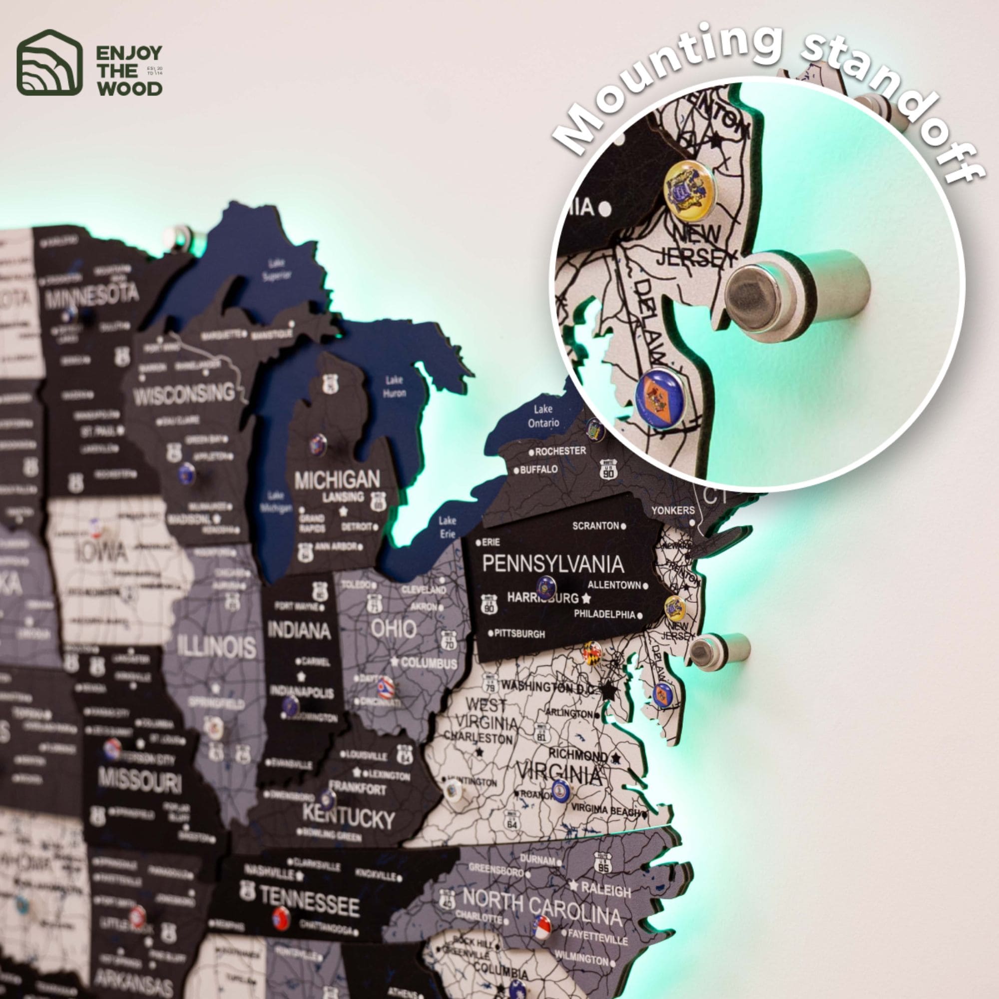 Wooden 3d LED Map of USA - Nordik mount