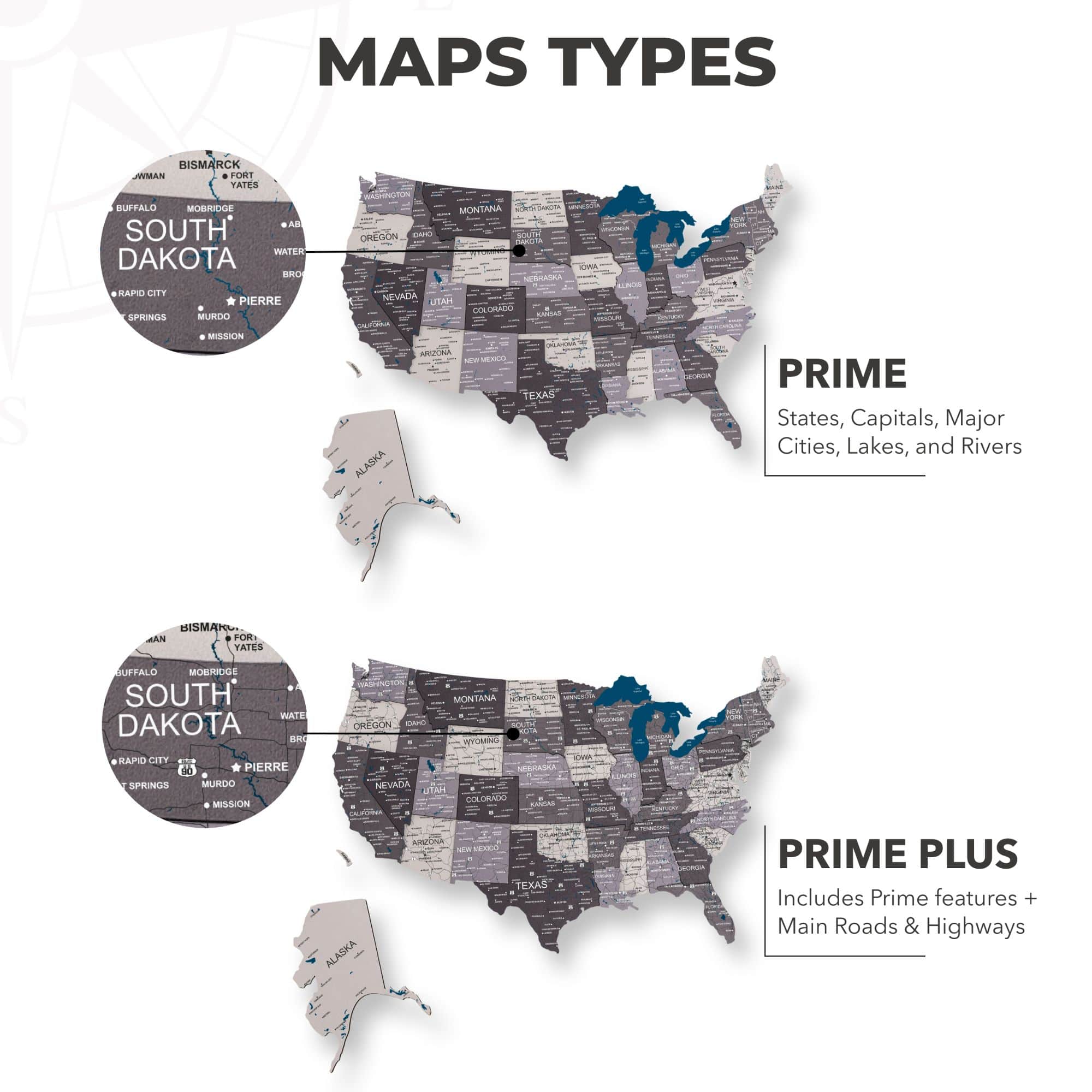 Wooden 3d LED Map of USA - Nordik types