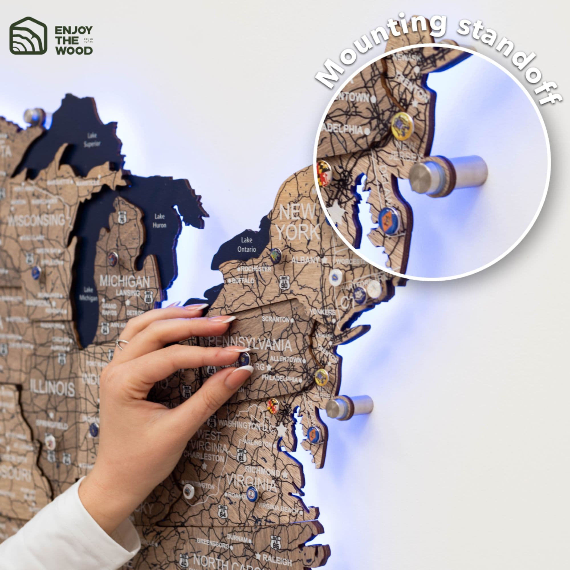 Wooden 3D LED Map of USA - Terra mount