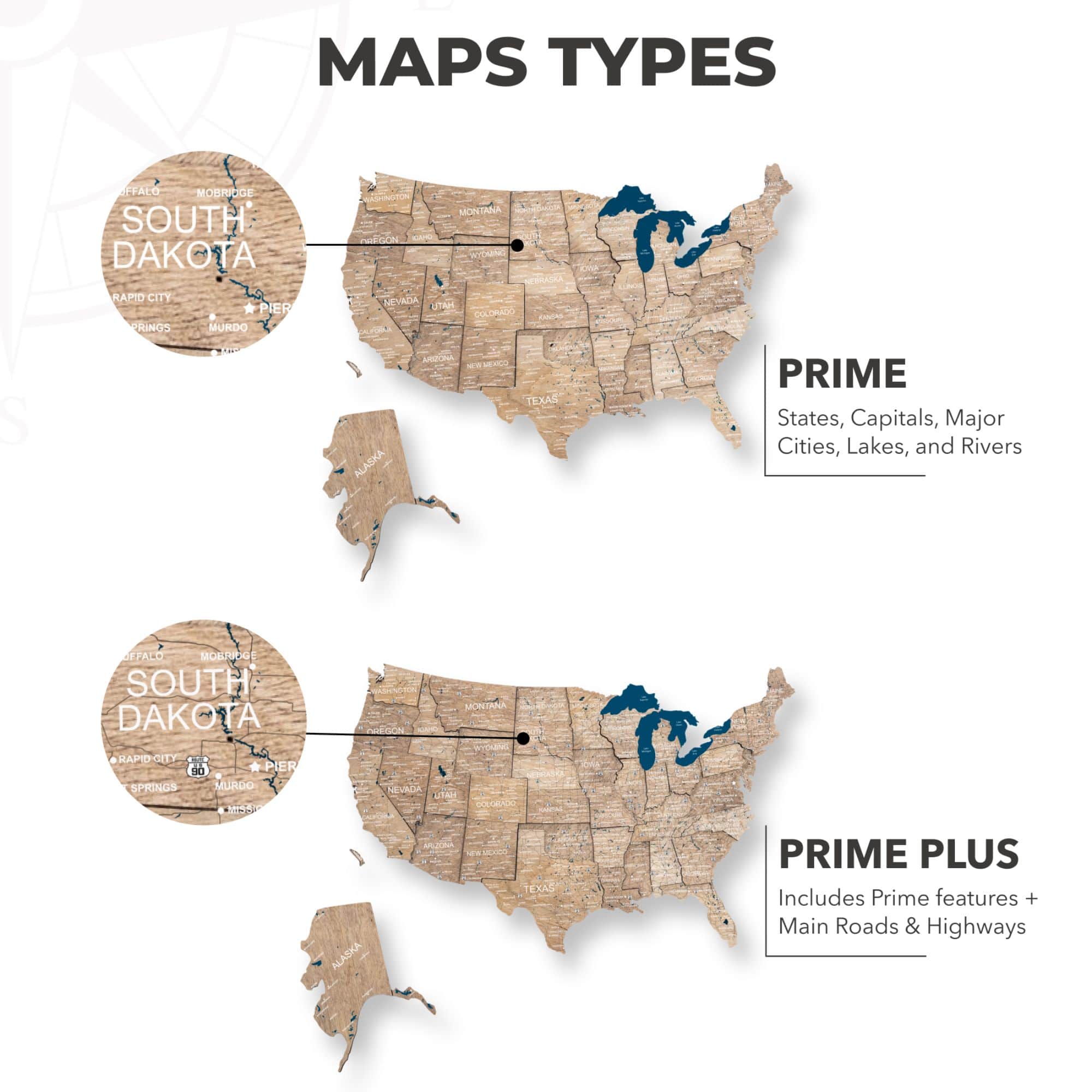 Wooden 3D LED Map of USA - Terra types