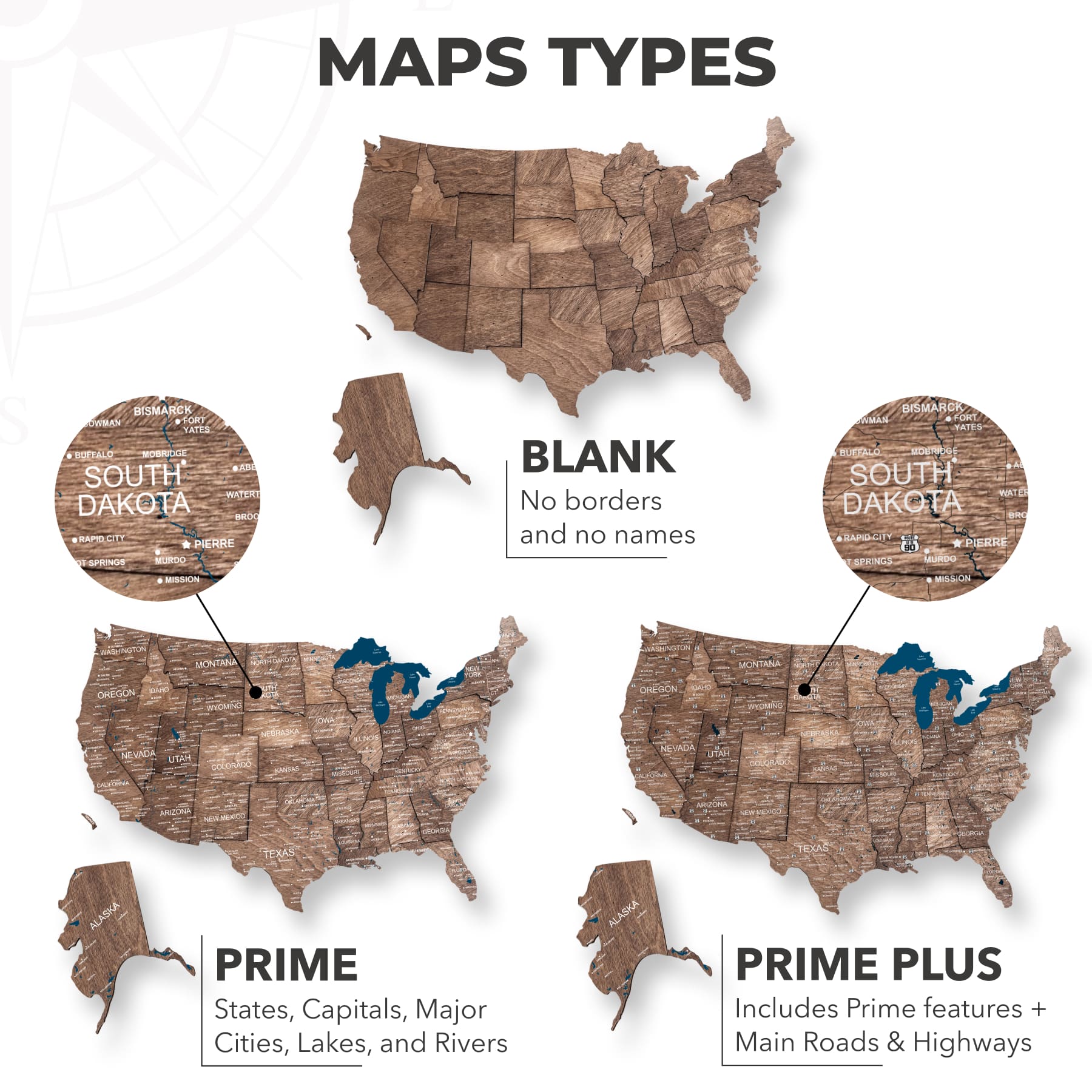 Wooden 3d Map of USA - Dark Walnut type