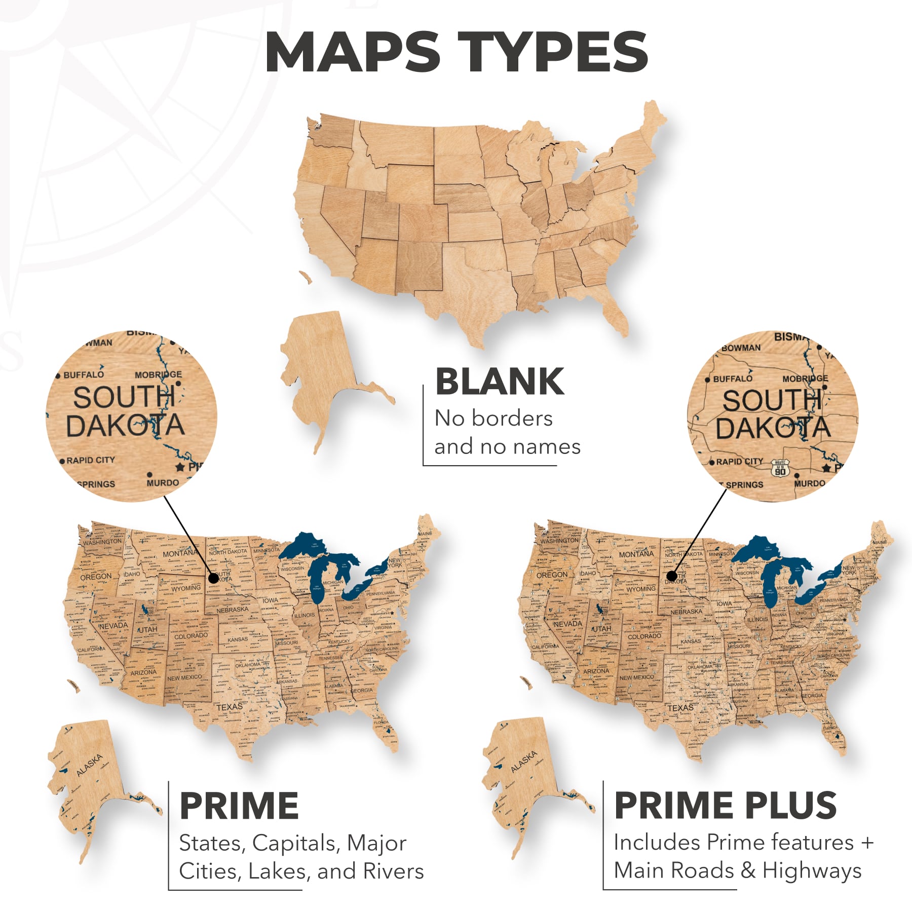Wooden 3D Map of USA - Gold types