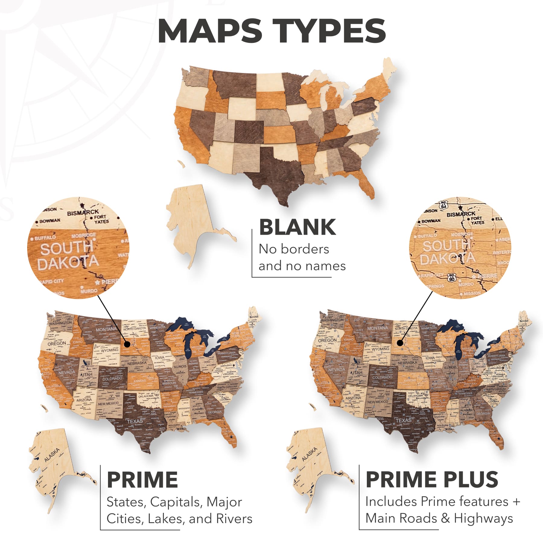 Wooden 3d Map of USA - Multicolor types