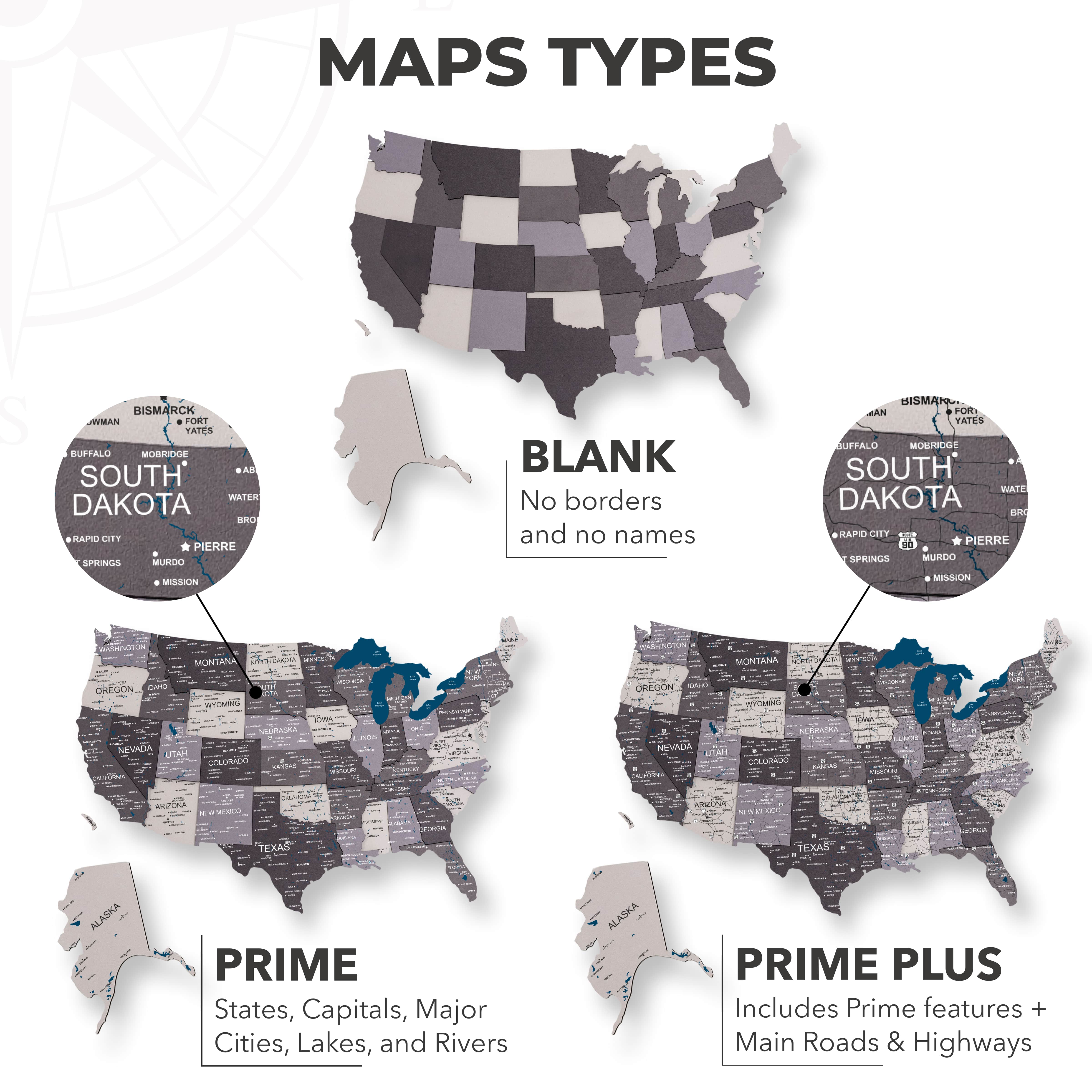 Wooden 3D Map of USA - Nordik types