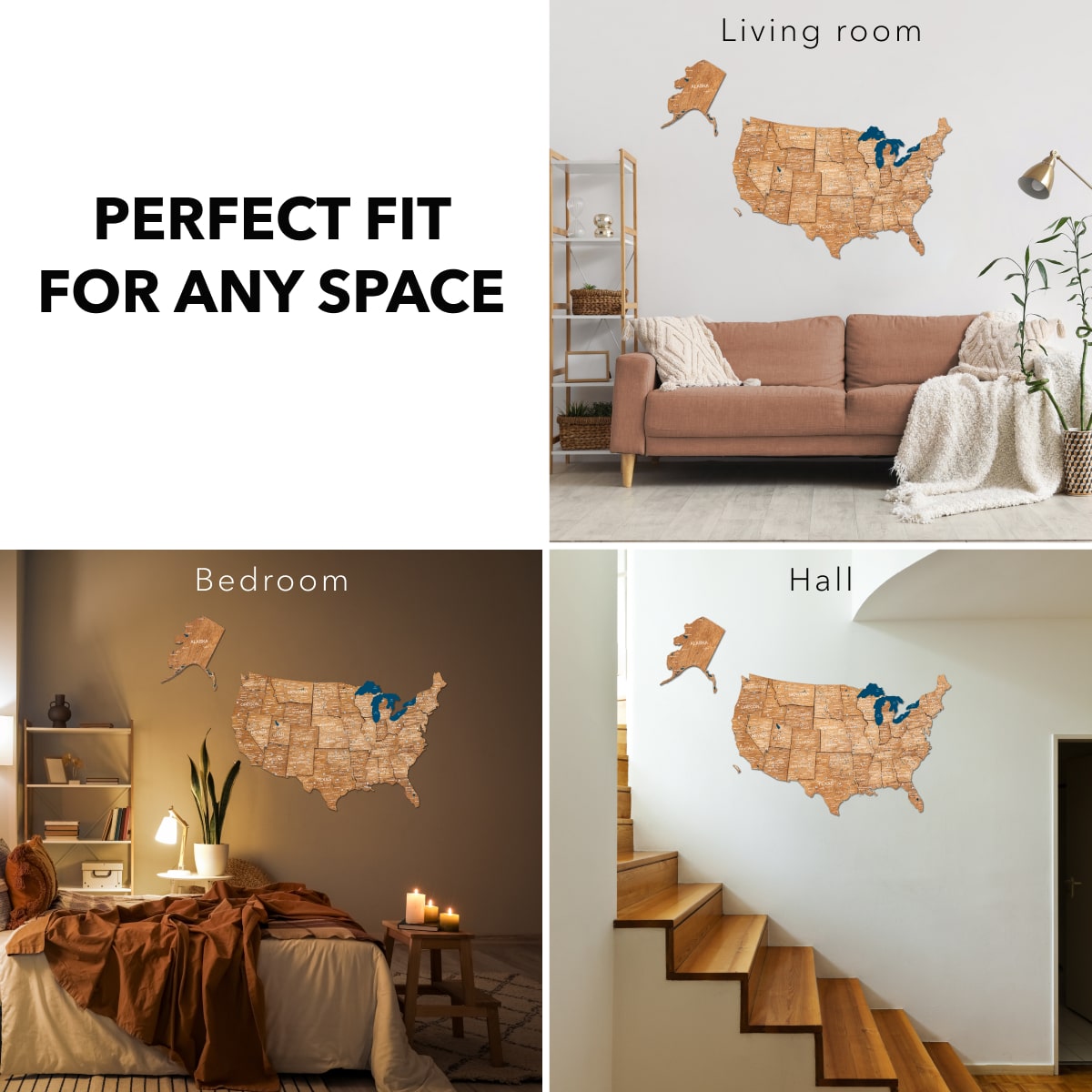 Wooden 3D Map of USA - Oak fit
