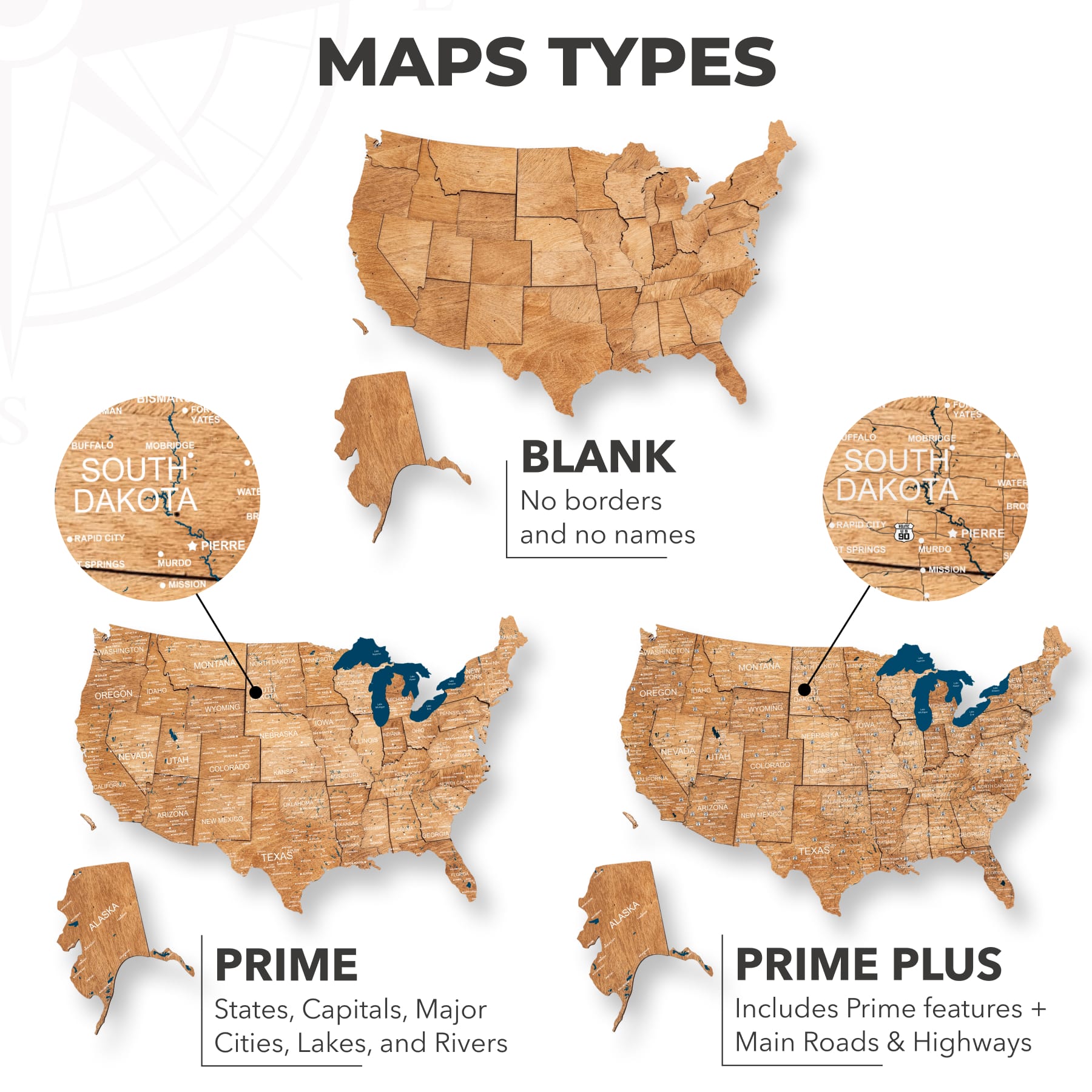Wooden 3D Map of USA - Oak types