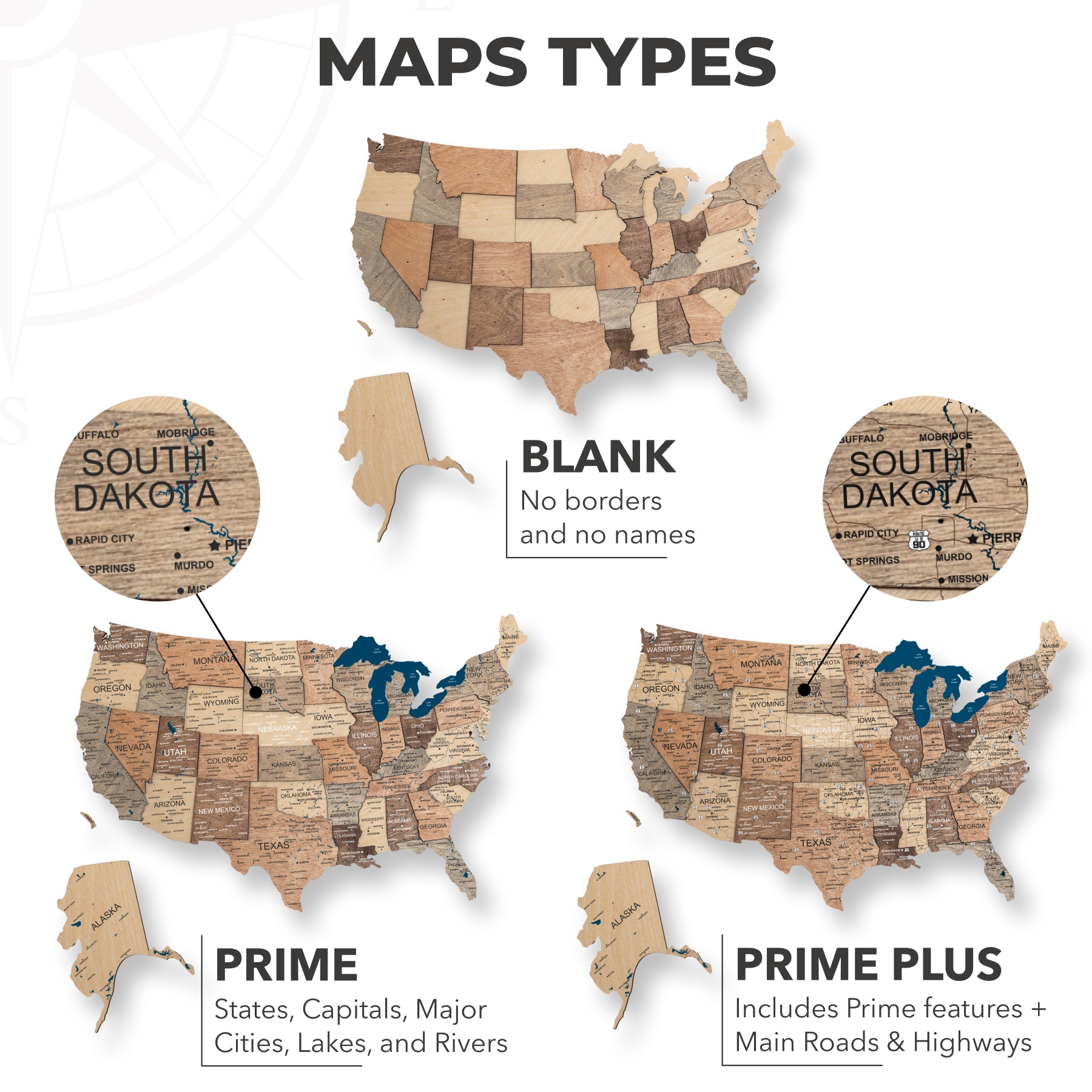 Wooden 3D Map of USA - Smokey types