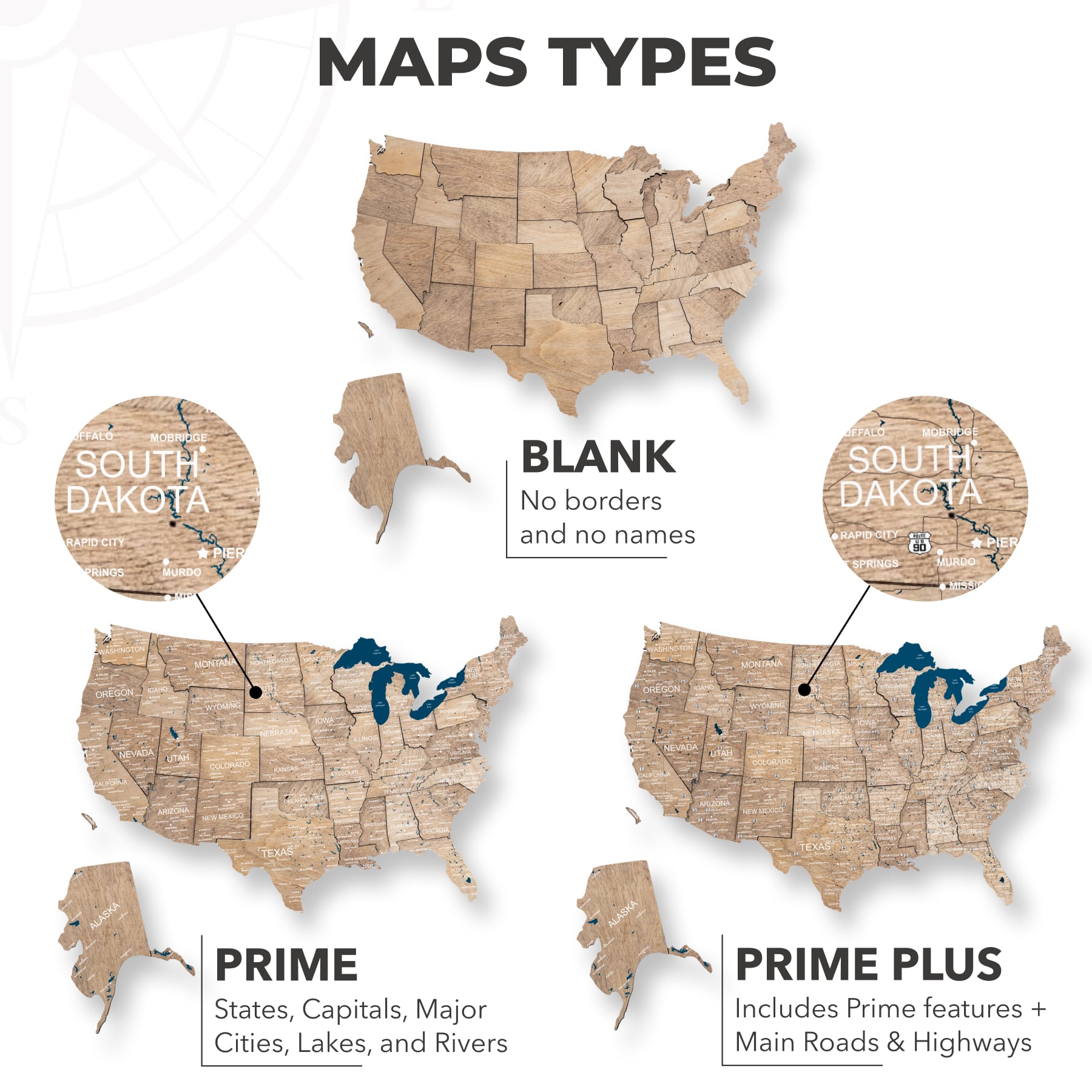 Wooden 3D Map of USA - Terra types