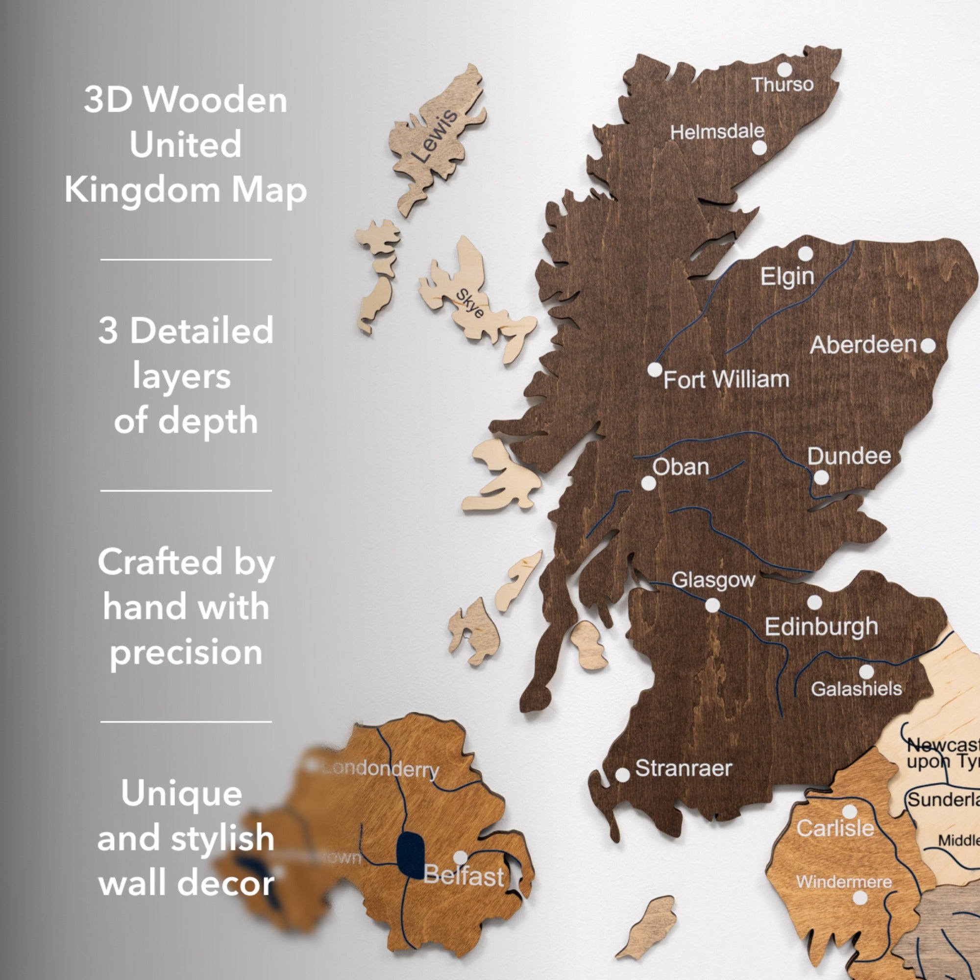 Wooden United Kingdom map with detailed layers on a white background