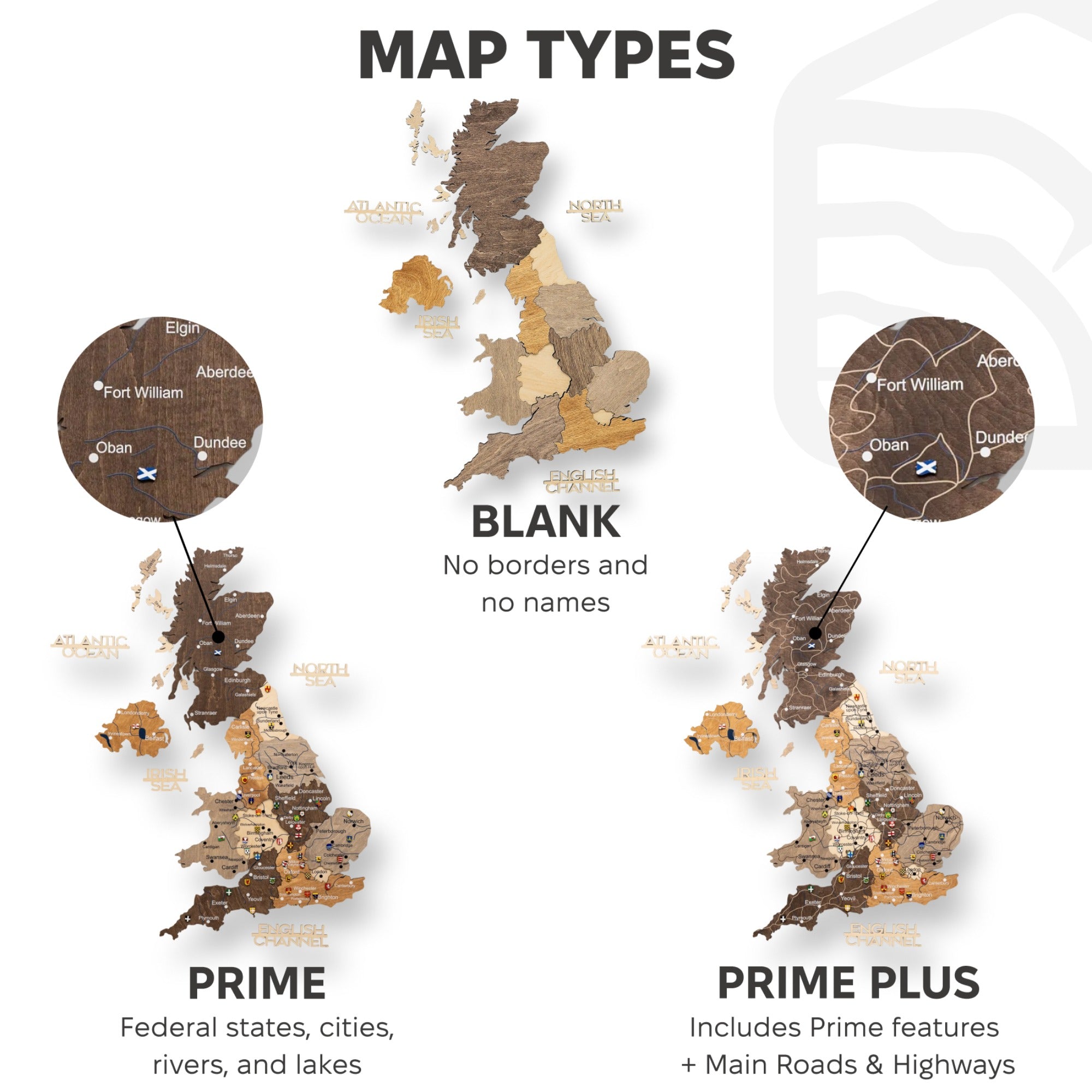 Comparison of different map types with labels on a white background