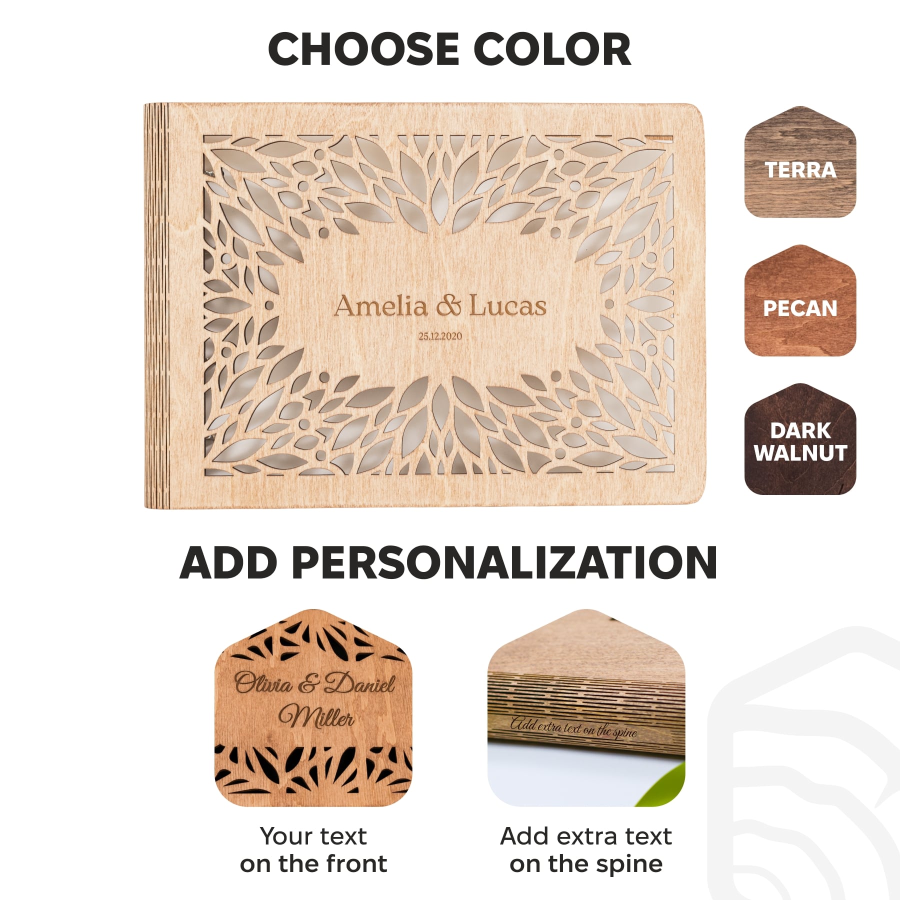 Wooden product with laser cut design and text customization options on a white background