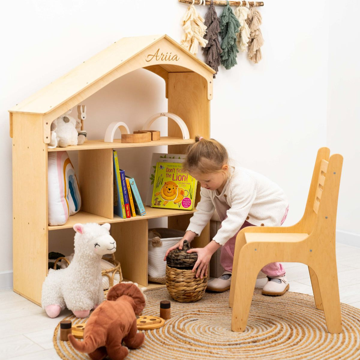 solid wood dollhouse bookcase for kid's nursery and playroom