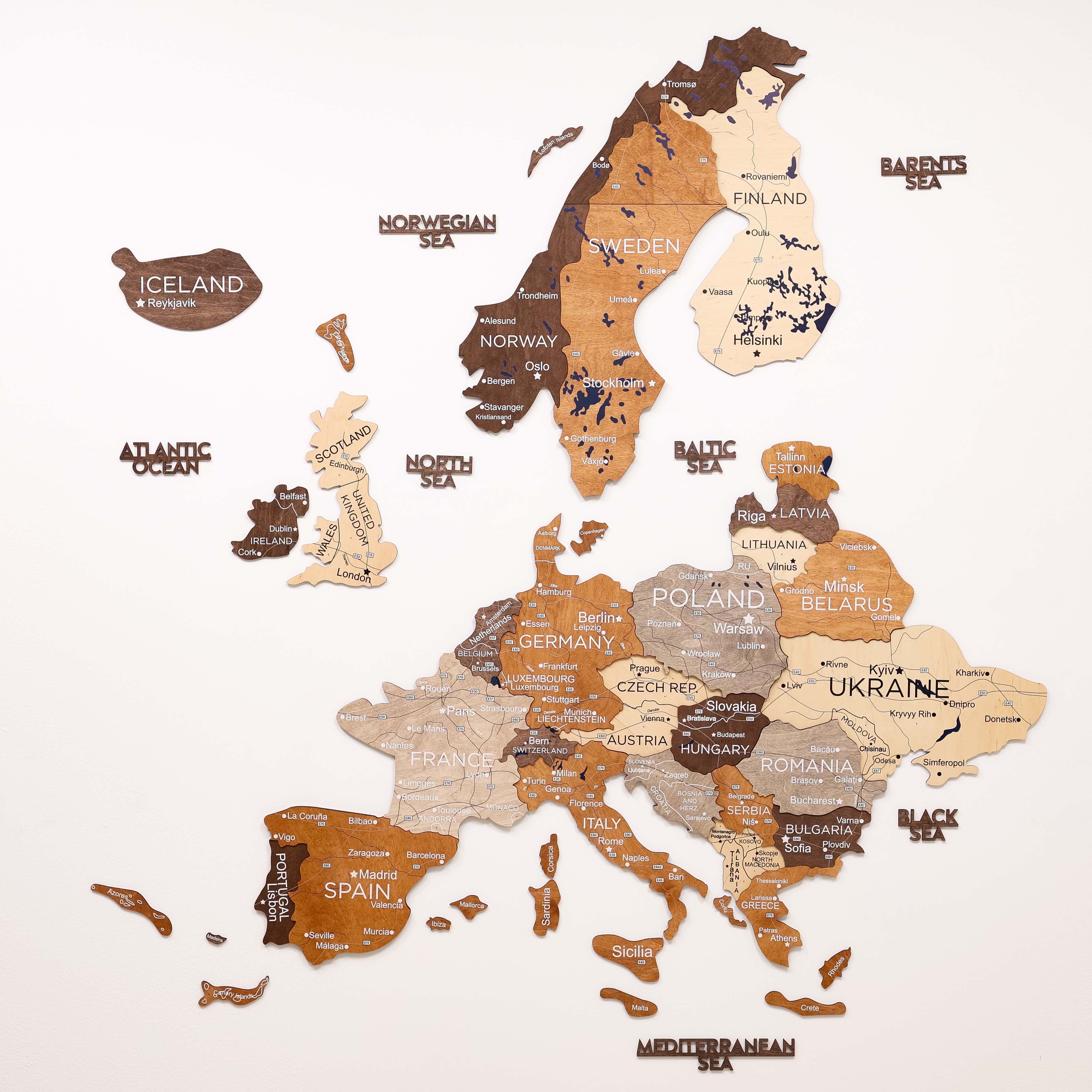 Wooden cut-out map of Europe with country names