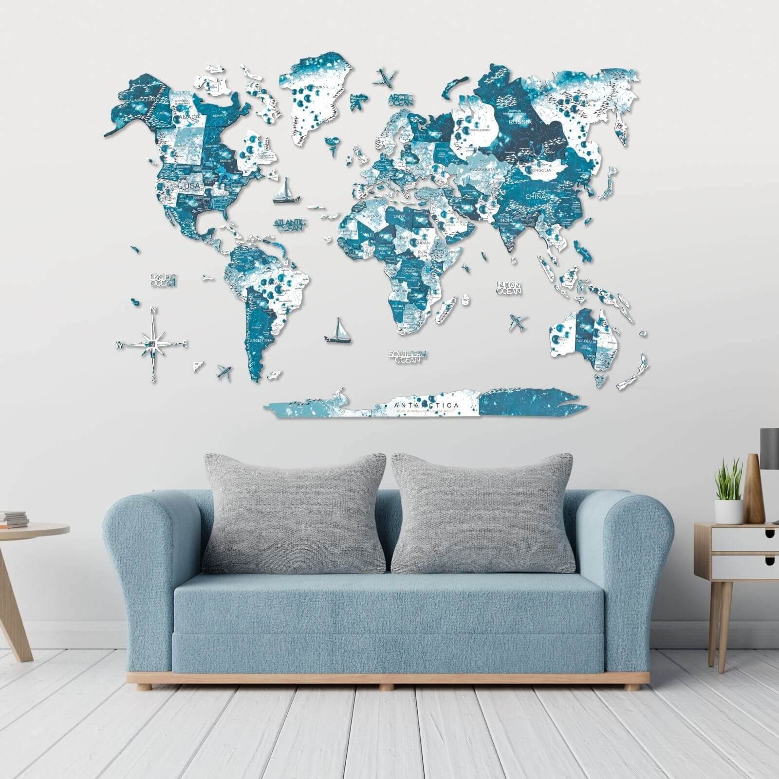 blue woden world map