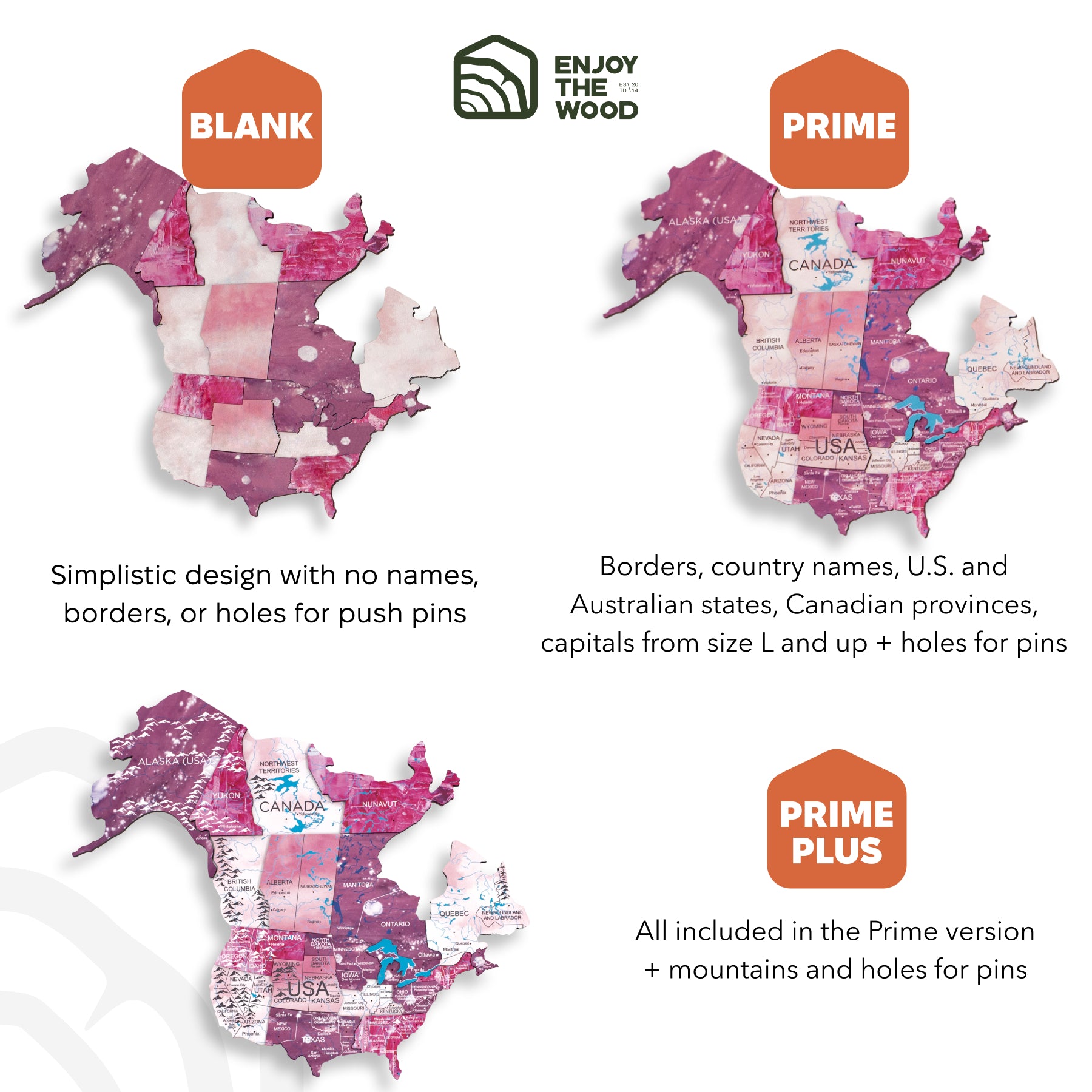 Comparison of different versions of a map with 'Enjoy the Wood' branding, showing 'Blank', 'Prime', and 'Prime Plus' options.