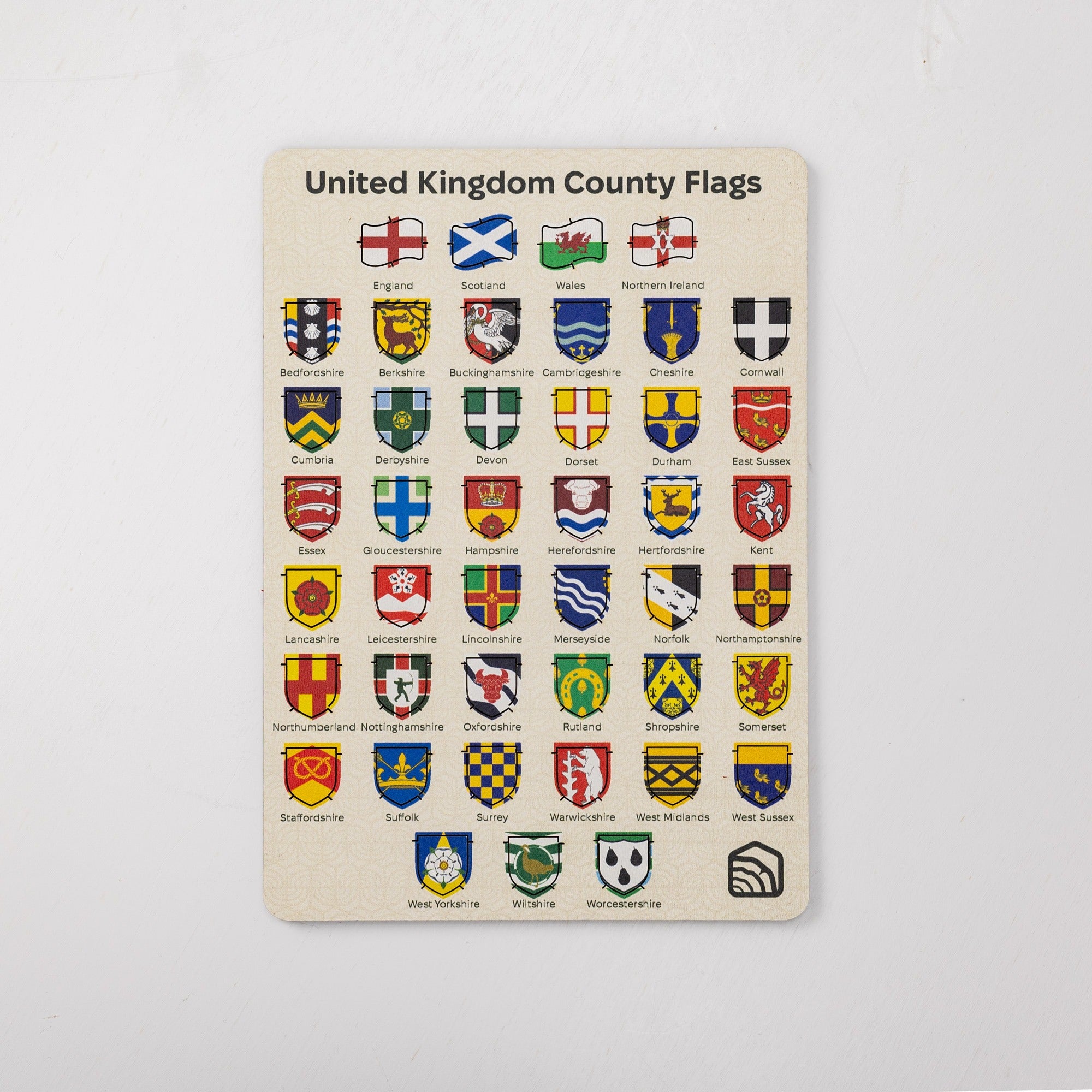 Wooden plaque with United Kingdom county flags on a white background