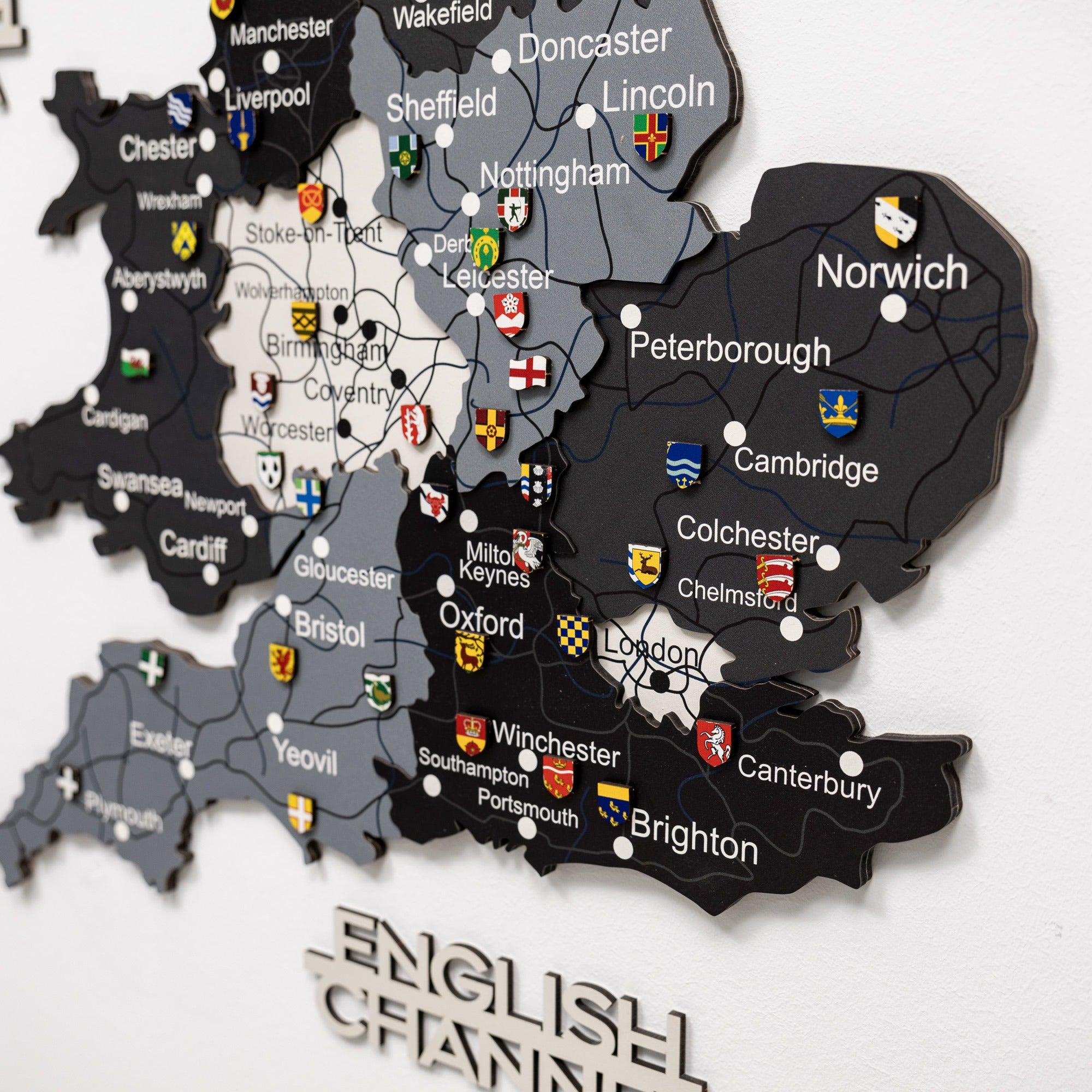 Map of England with city names and flags on a white background