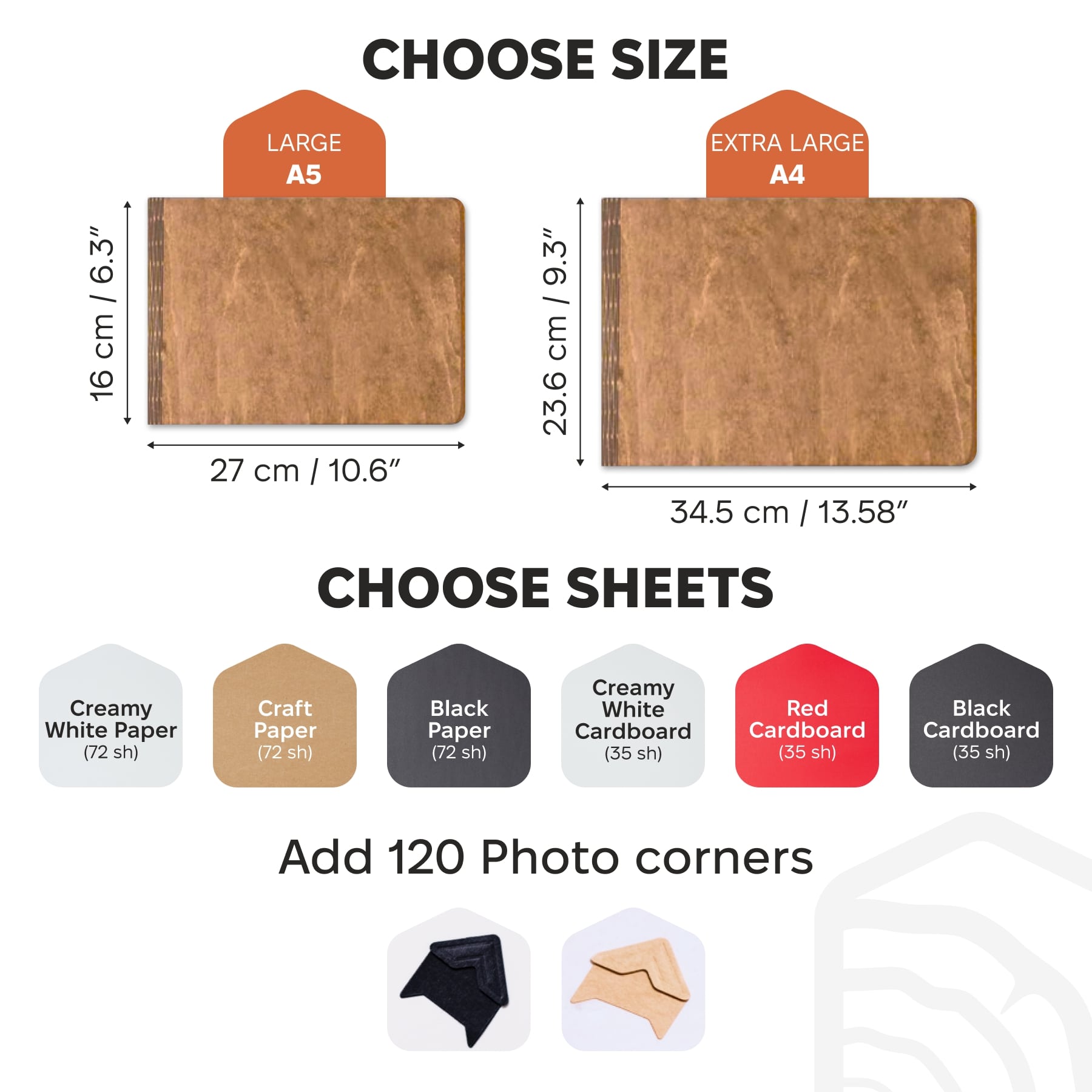 Product size chart with dimensions and paper color options on a white background