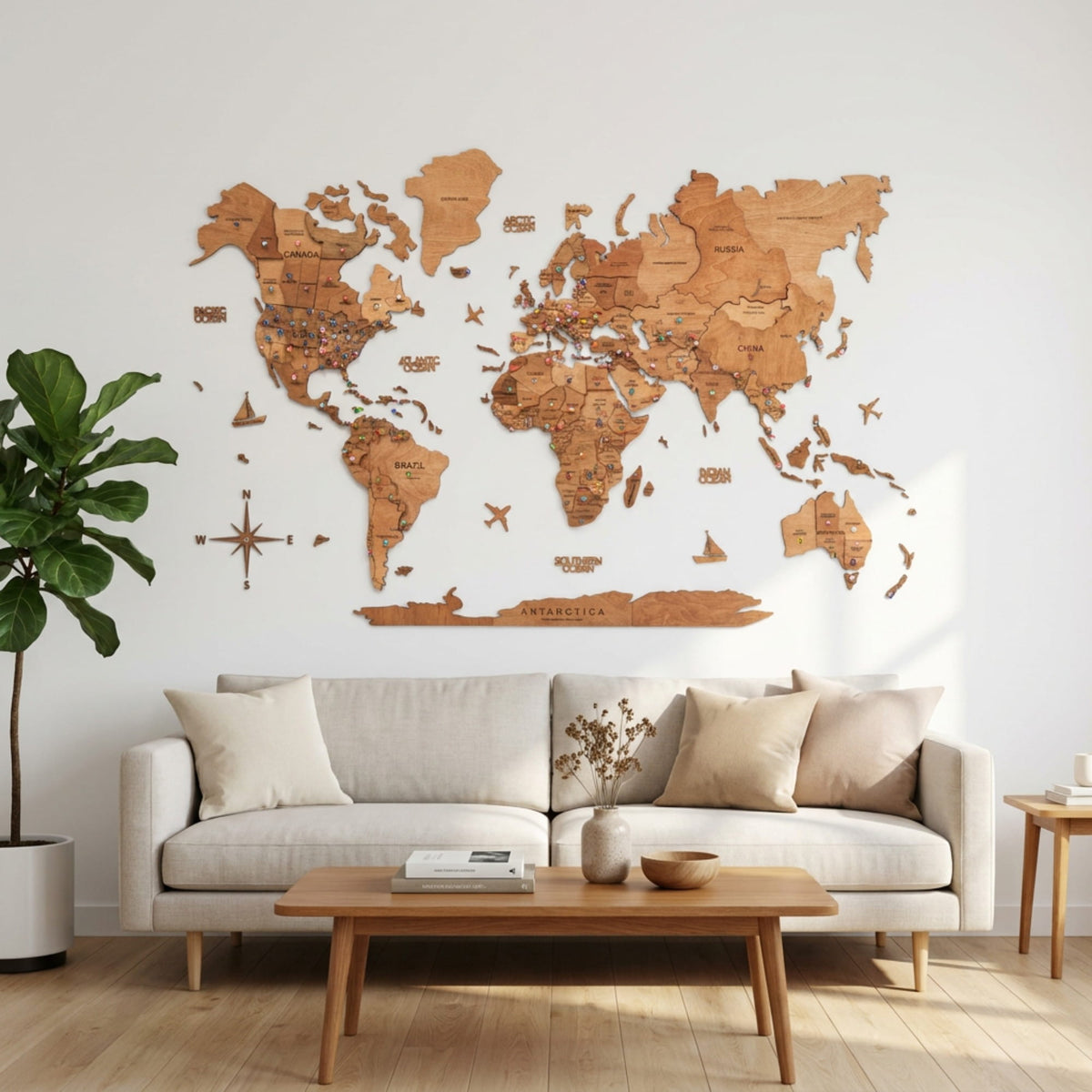 3D Wooden World Map Oak