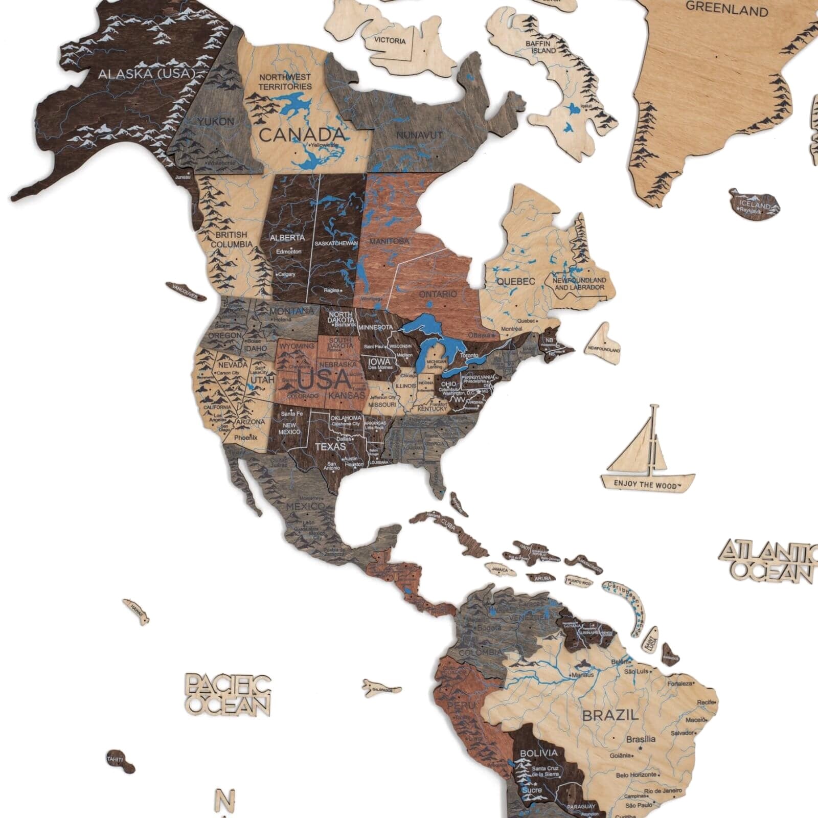 3d colored wooden world map smokey
