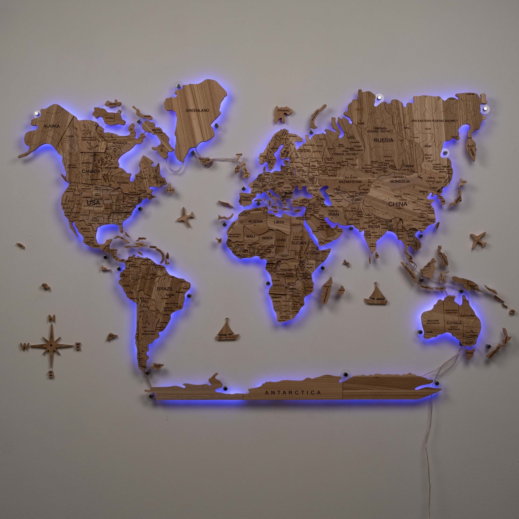 wooden wall map of world